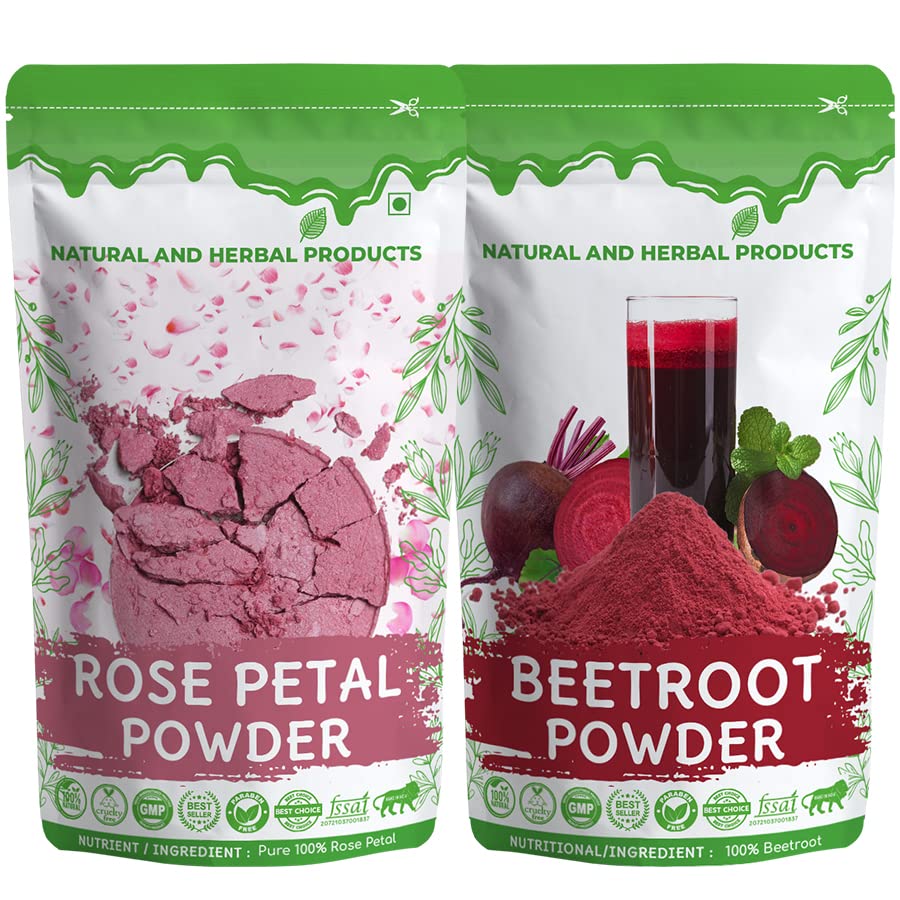 Organic Beetroot & Rose Petal Face Pack Powder Combo - Herbal Skin Whitening Treatment for Dark Circles, Pimples & Lips | Natural Drink Mix for Glowing Skin | USDA Certified Pure Ingredients for Facial Care & Beauty Regimen