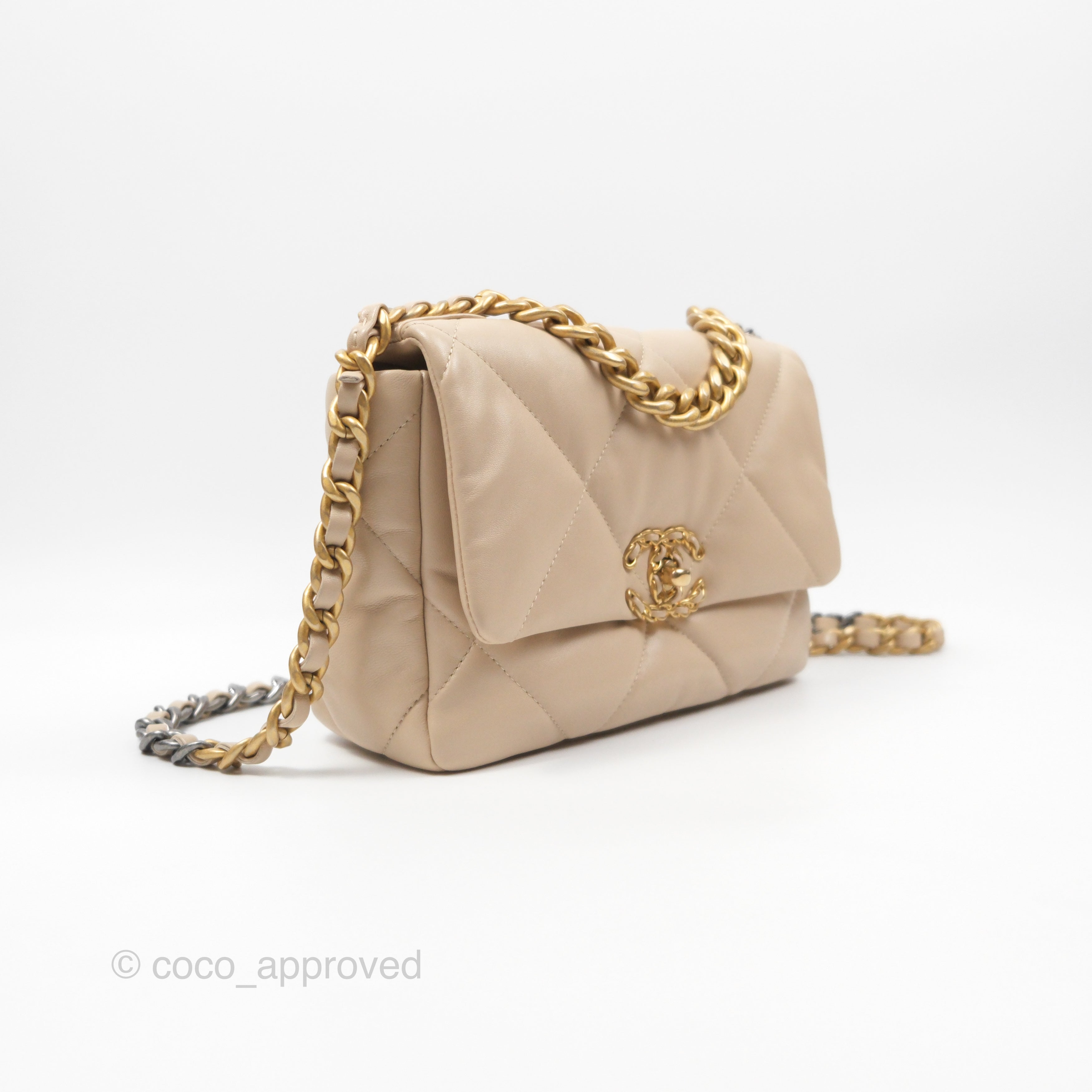 Chanel 19 Small Handbag in Beige Lambskin Leather with Mixed Hardware - Luxury Crossbody Bag for Women, Perfect for Date Night & Special Occasions