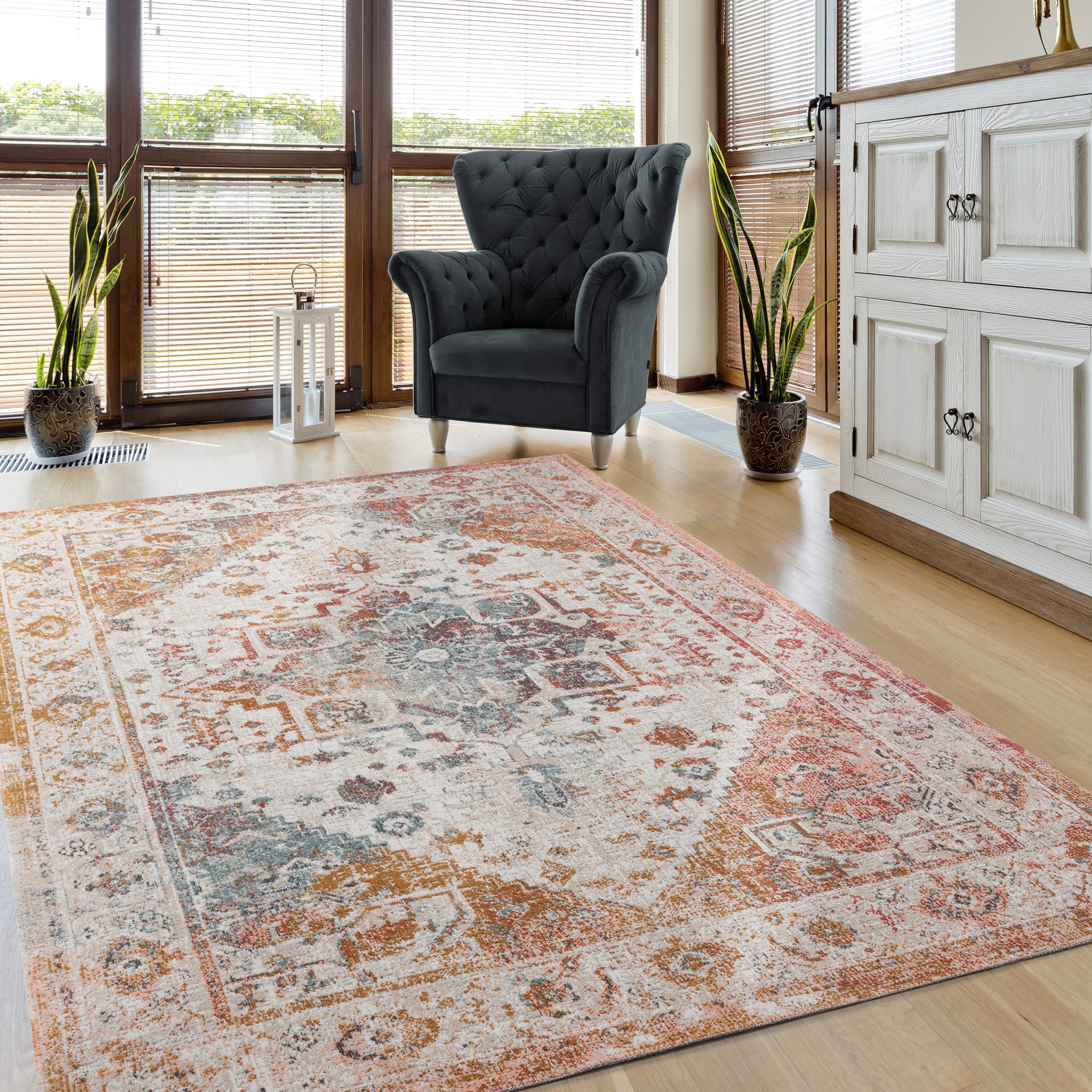 LR Home 9x12 Indoor Outdoor Classic Medallion Turkish Woven Area Rug - Beige/Cream Home Decor Rug for Living Room, Bedroom, Patio & Garden