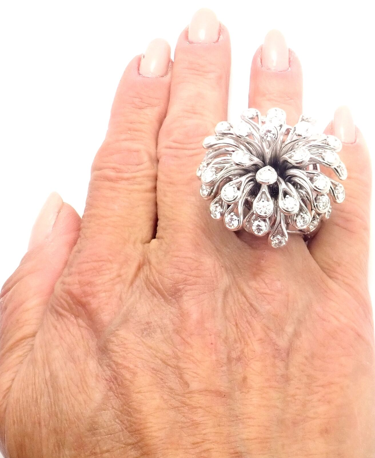 Authentic Christian Dior 18k White Gold 6.5 Carat Diamond Large Flower Ring - Luxury Jewelry for Weddings, Anniversaries & Special Occasions