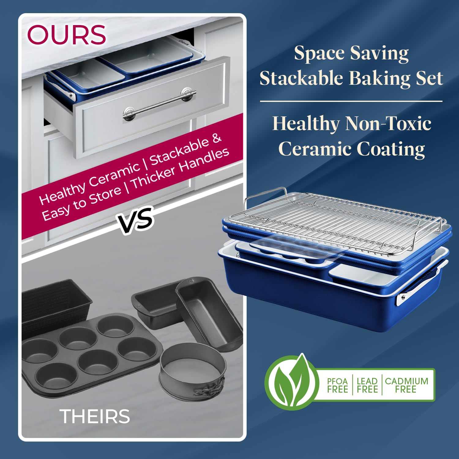 Bakken 8-Piece Stackable Bakeware Set - Non-Tick Ceramic Baking Sheets & Pans, PTFE/PFOA/PFOS Free - Oven Safe, Ergonomic Handles with Cooling Rack for Healthy Baking | Perfect for Cookies, Cakes, Bread & Family Gatherings