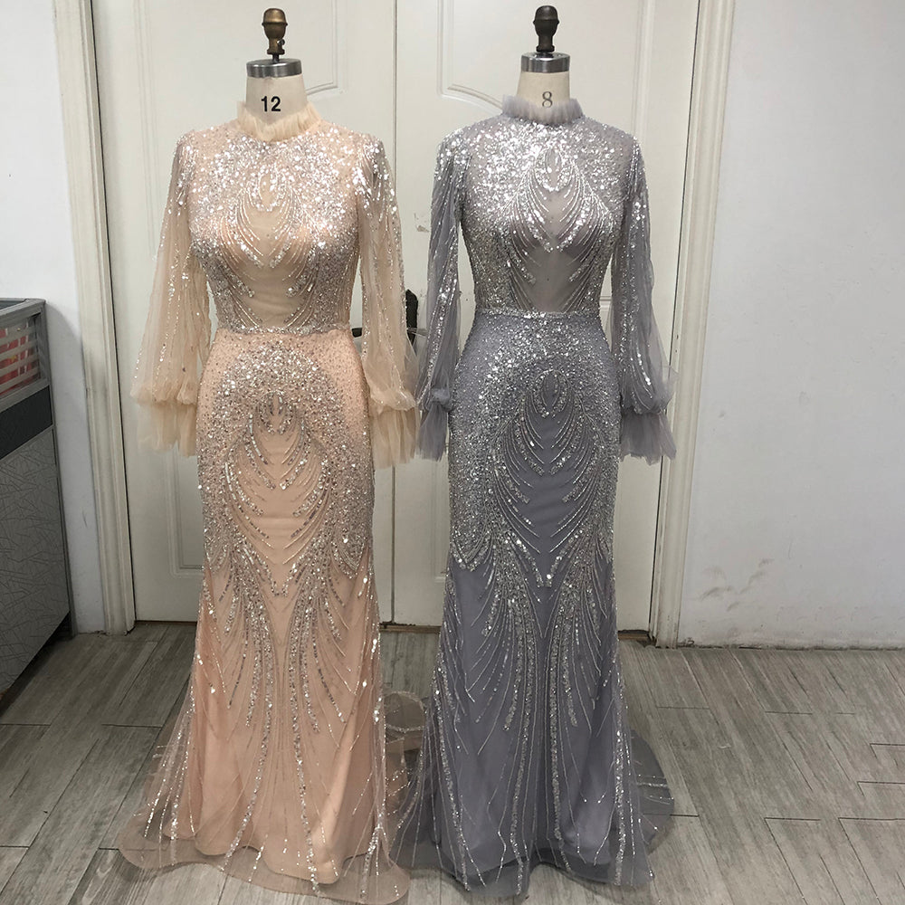 Elegant Grey Mermaid Evening Gown with High Neck & Full Sleeves - Beaded Luxury Prom Dress for Women 2025 | Perfect for Formal Parties, Weddings & Red Carpet Events