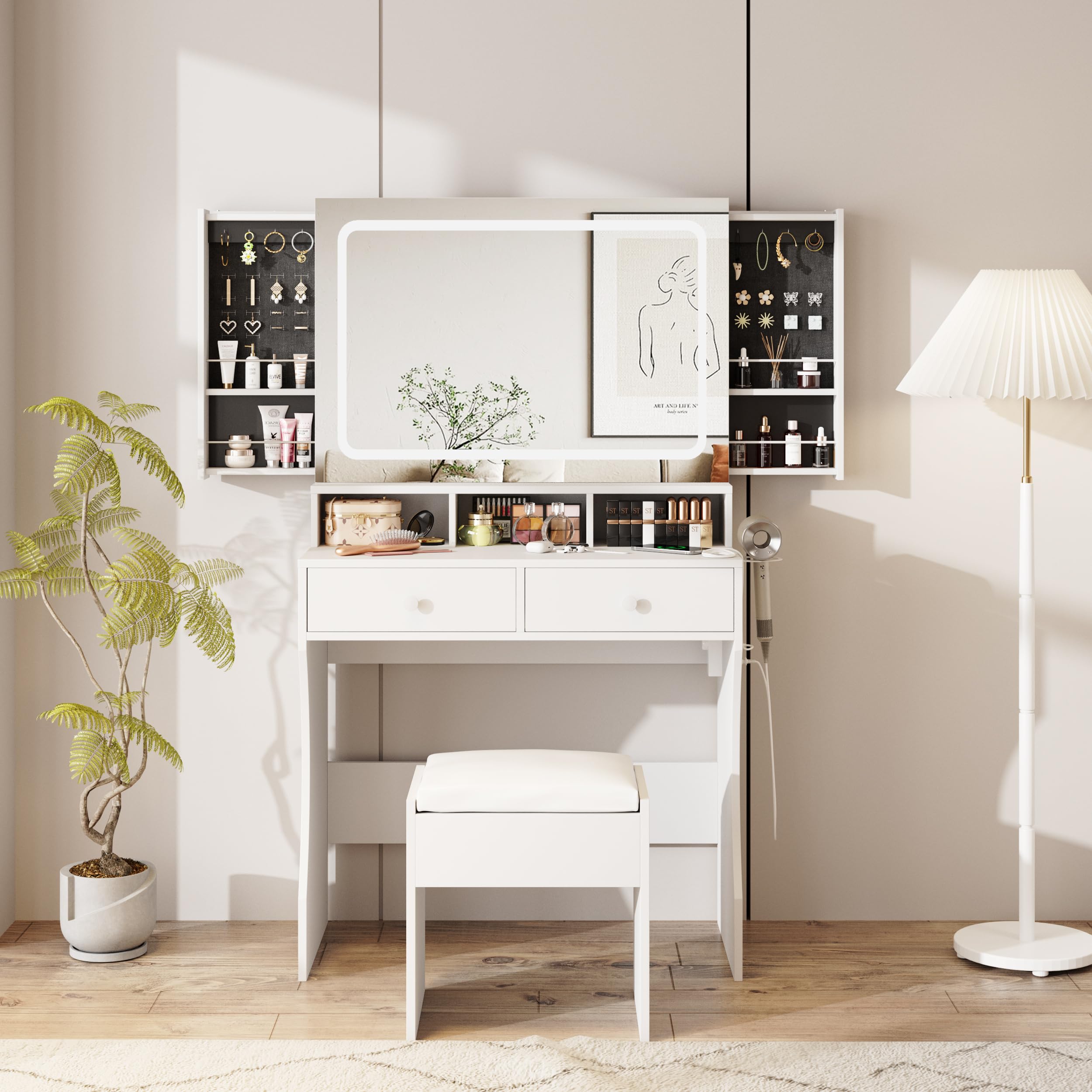 White Vanity Desk with Mirror & LED Lights - Makeup Dressing Table with Charging Station, Sliding Jewelry Storage & 3 Lighting Modes - Includes Stool & 2 Large Drawers - Perfect for Women & Girls Bedroom, Makeup Room or Dressing Area
