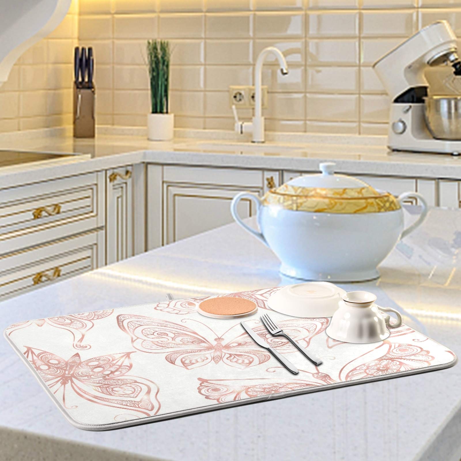 Rose Gold Butterfly Dish Drying Mat - Super Absorbent Microfiber for Kitchen Counter (18x24 Inch) - Perfect for Dishes & Cookware