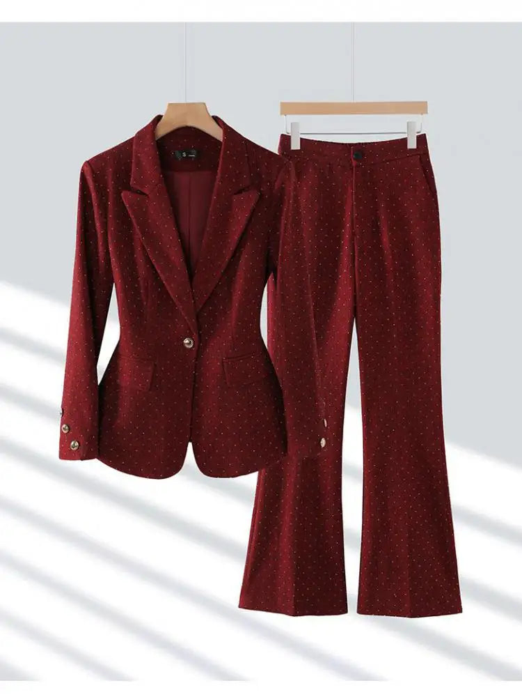 2024 Women's Gray Two-Piece Office Suit Set - Single Button Diamond Blazer & High Waist Wide Leg Pants | Fall Winter Workwear, Business Formal Attire, Professional Outfits for Women