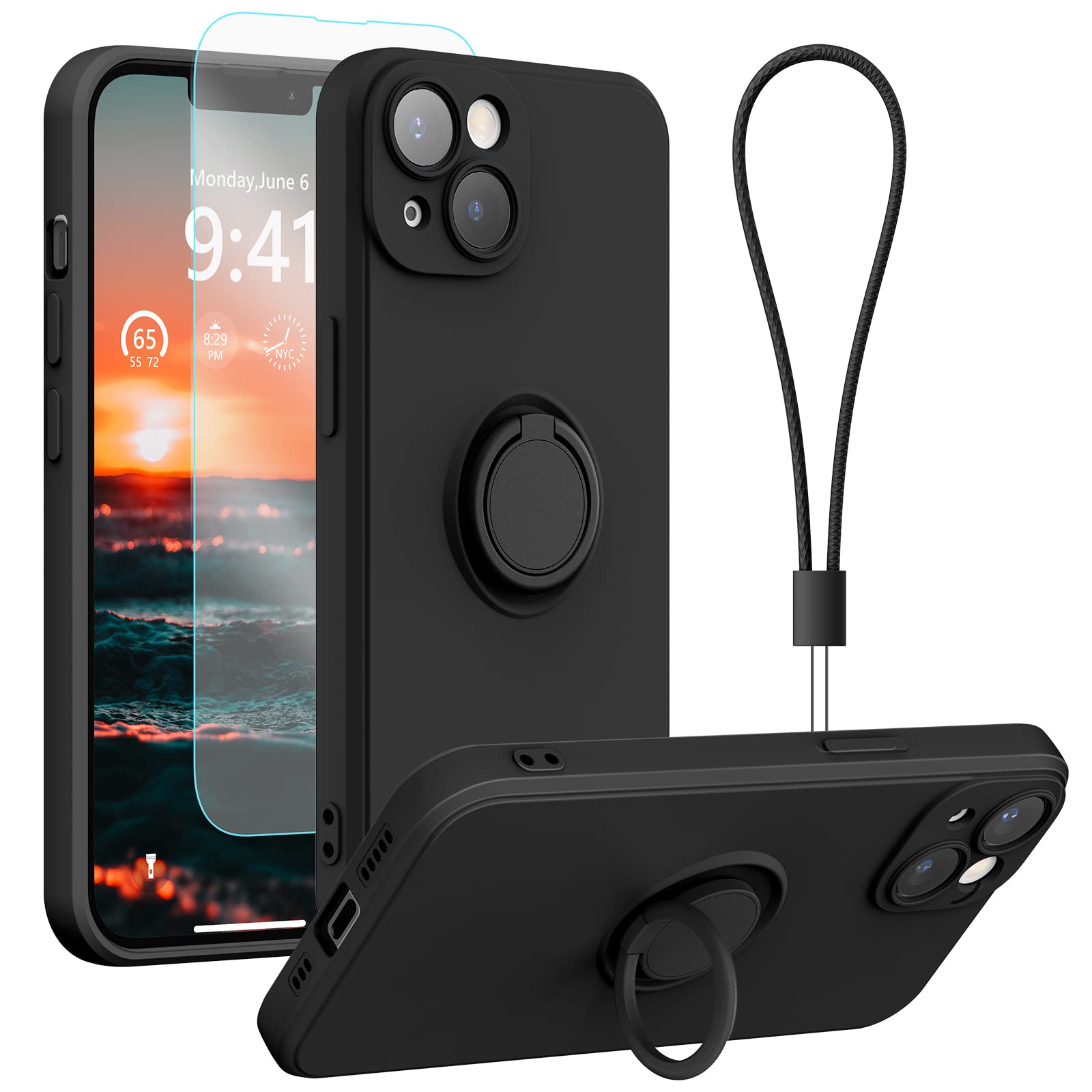 PCGAGA Slim Shockproof Silicone Phone Case for iPhone 14 Plus (6.7 Inch) - Includes Screen Protector, Ring Holder Stand, Wrist Strap & Microfiber Lining | Durable Protective Cover in Black | Perfect for Work, Travel & Everyday Use