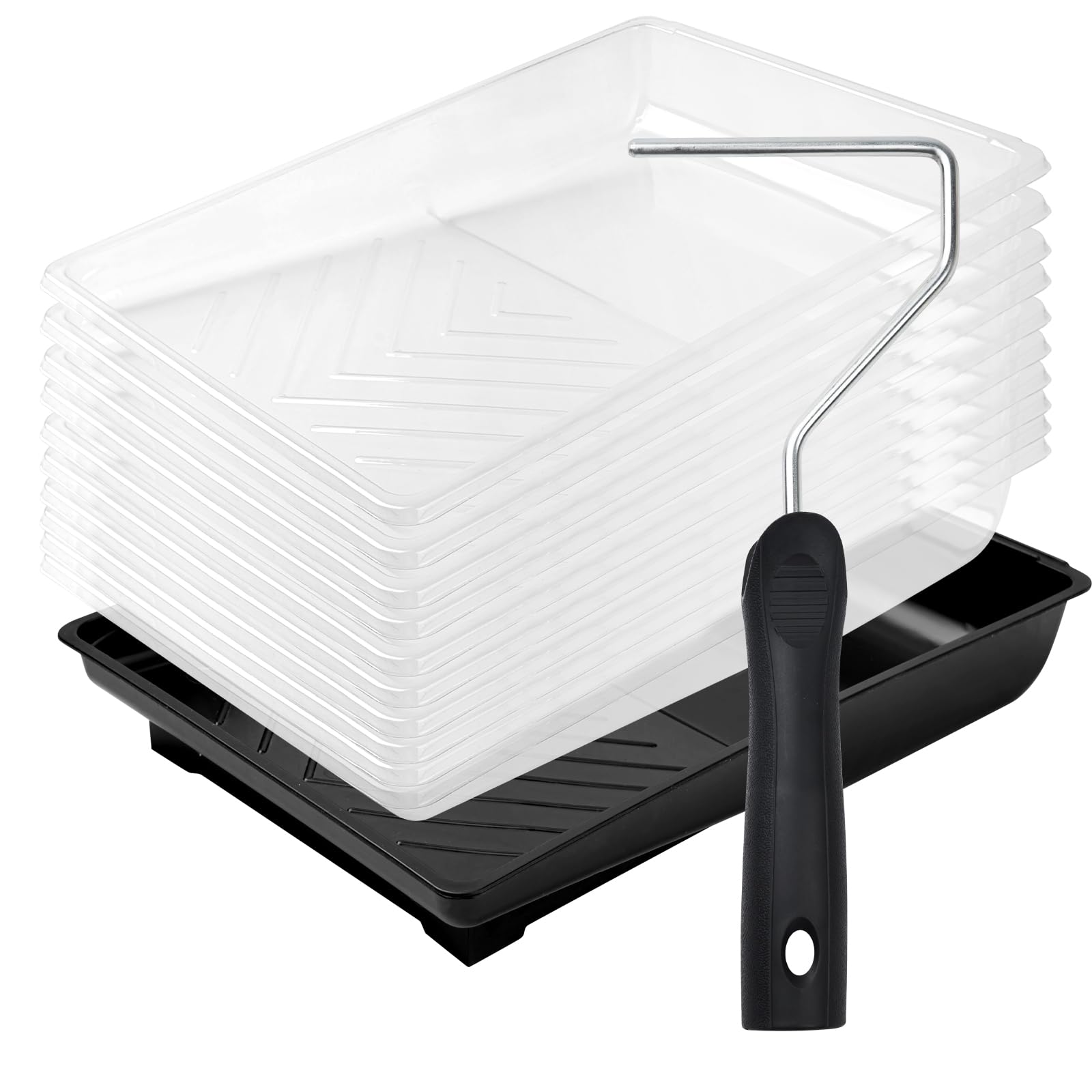 Mister Rui 12-Pack 6 Inch Paint Tray Kit with Liners & Roller Frame - Disposable Plastic Paint Trays for Wall Painting, DIY Home Improvement Projects & Professional Use - Black Paint Tray Set for Easy Cleanup