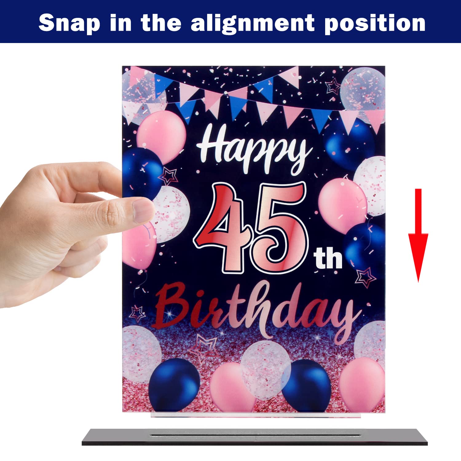 Happy 45th Birthday Party Decorations Set - 2 Navy Blue Acrylic Table Toppers with Balloon Stand & Printed Poster Backdrop for Birthday Centerpieces - Perfect for Anniversary Celebrations, Office Parties & Home Decor