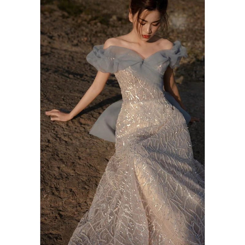 Elegant Off-Shoulder French Long Prom Dress with Sparkles - Perfect for Evening Gala, Formal Events & Special Occasions