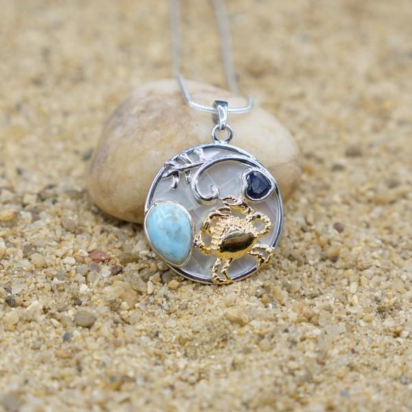 Exquisite Crab Necklace with Genuine Larimar, Lapis Lazuli & Mother of Pearl - Elegant Beach Jewelry for Summer Vacations & Boho Fashion