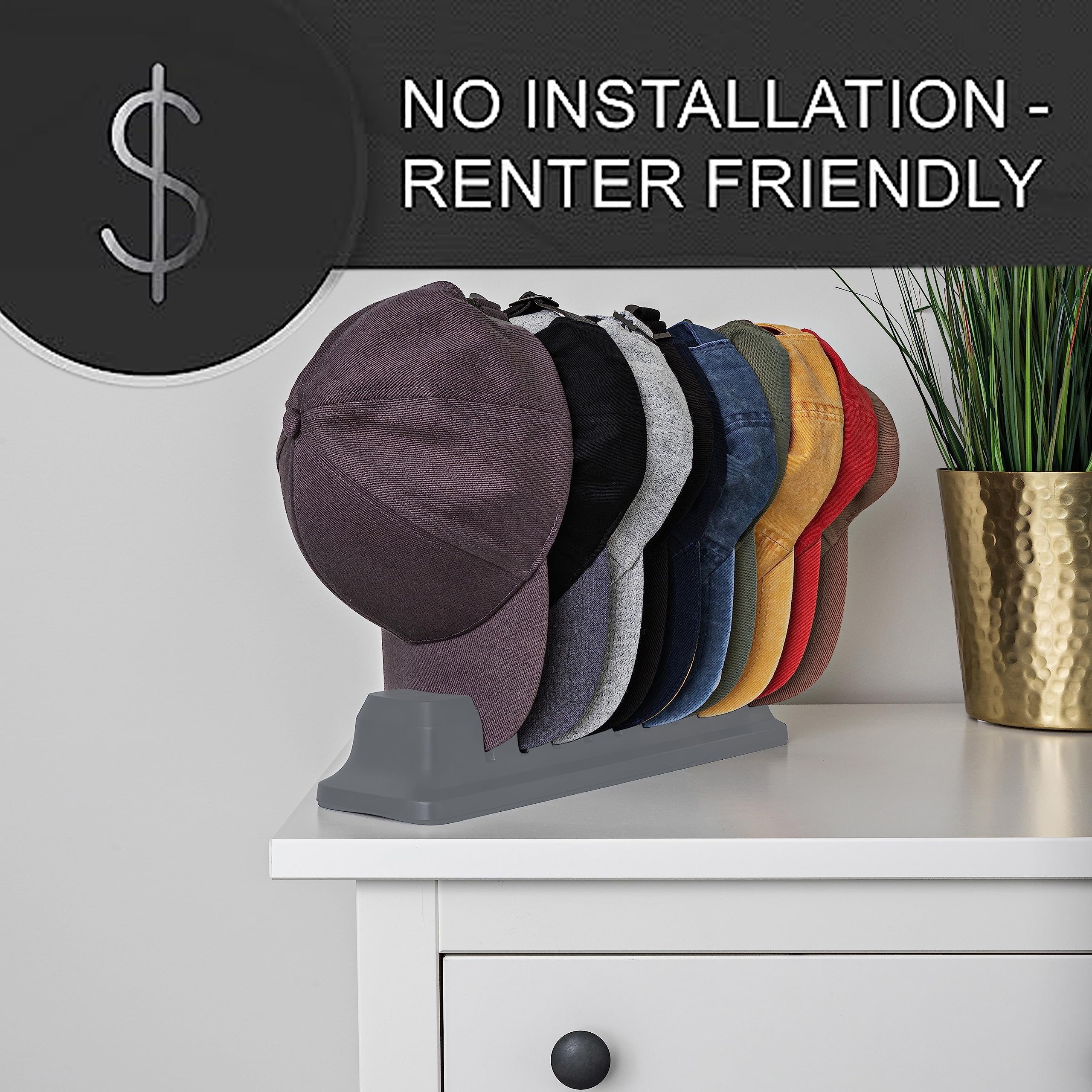 Baseball Cap Organizer - No Install Hat Holder for 10 Caps, Space-Saving Closet Storage System (Gray) - Perfect for Bedroom, Closet & Dorm Organization