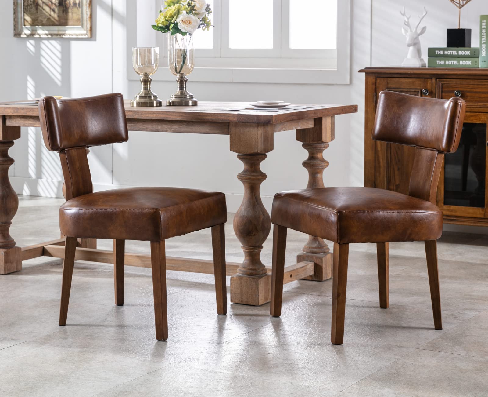EALSON Mid Century Modern Dining Chairs Set of 2 - Brown Leather Upholstered Kitchen Chairs with Sturdy Wood Legs & Curved Back - Farmhouse Style Accent Chairs for Dining Room, Living Room & Kitchen | Perfect for Home Decor, Family Gatherings & Dinner Parties