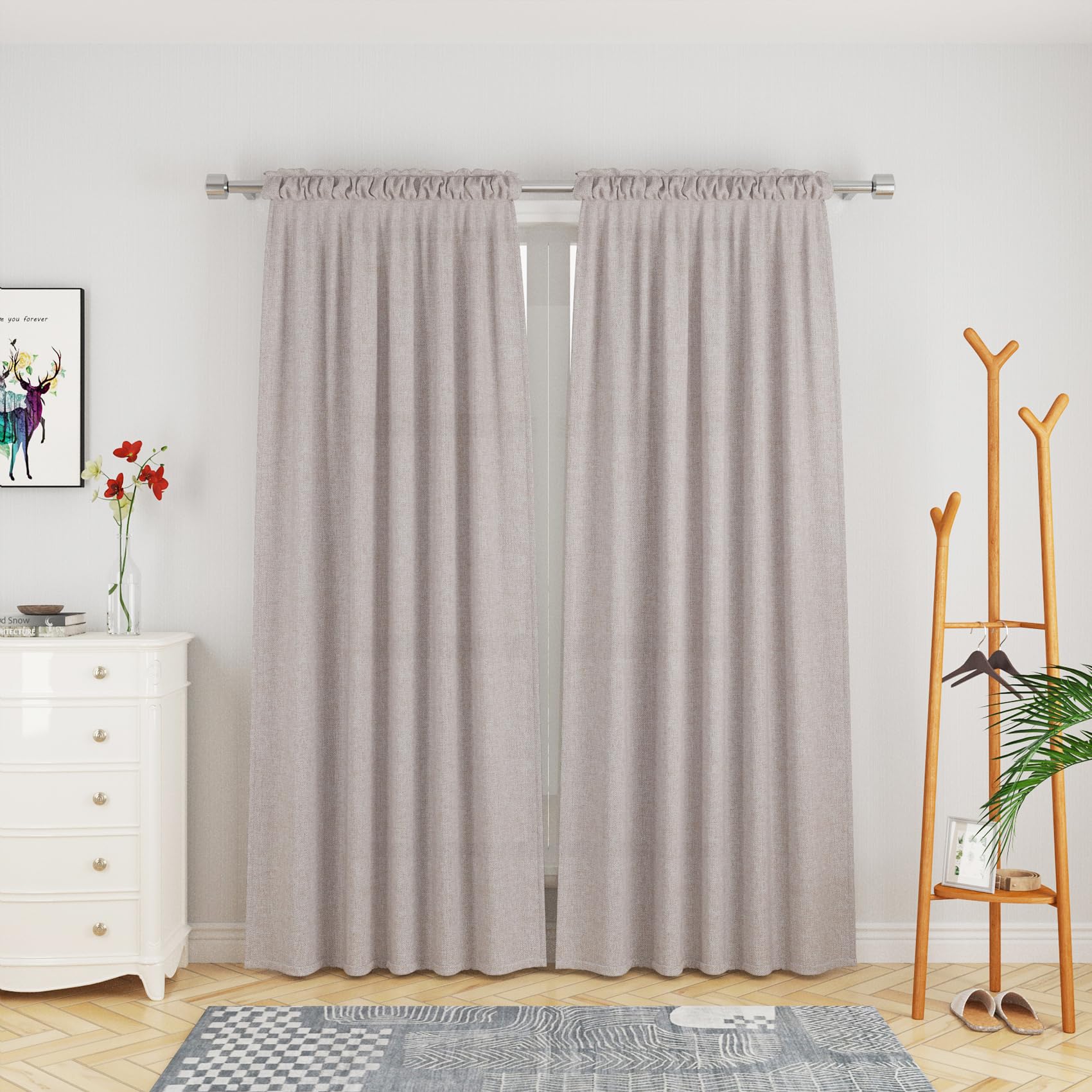 UPOPO Beige Linen Textured Curtains 72 Inches Long - Semi Sheer Window Drapes for Kitchen, Living Room, Bedroom & Basement - 2 Panels with Rod Pocket for Privacy & Light Filtering - Perfect for Home Decor & Room Dividers