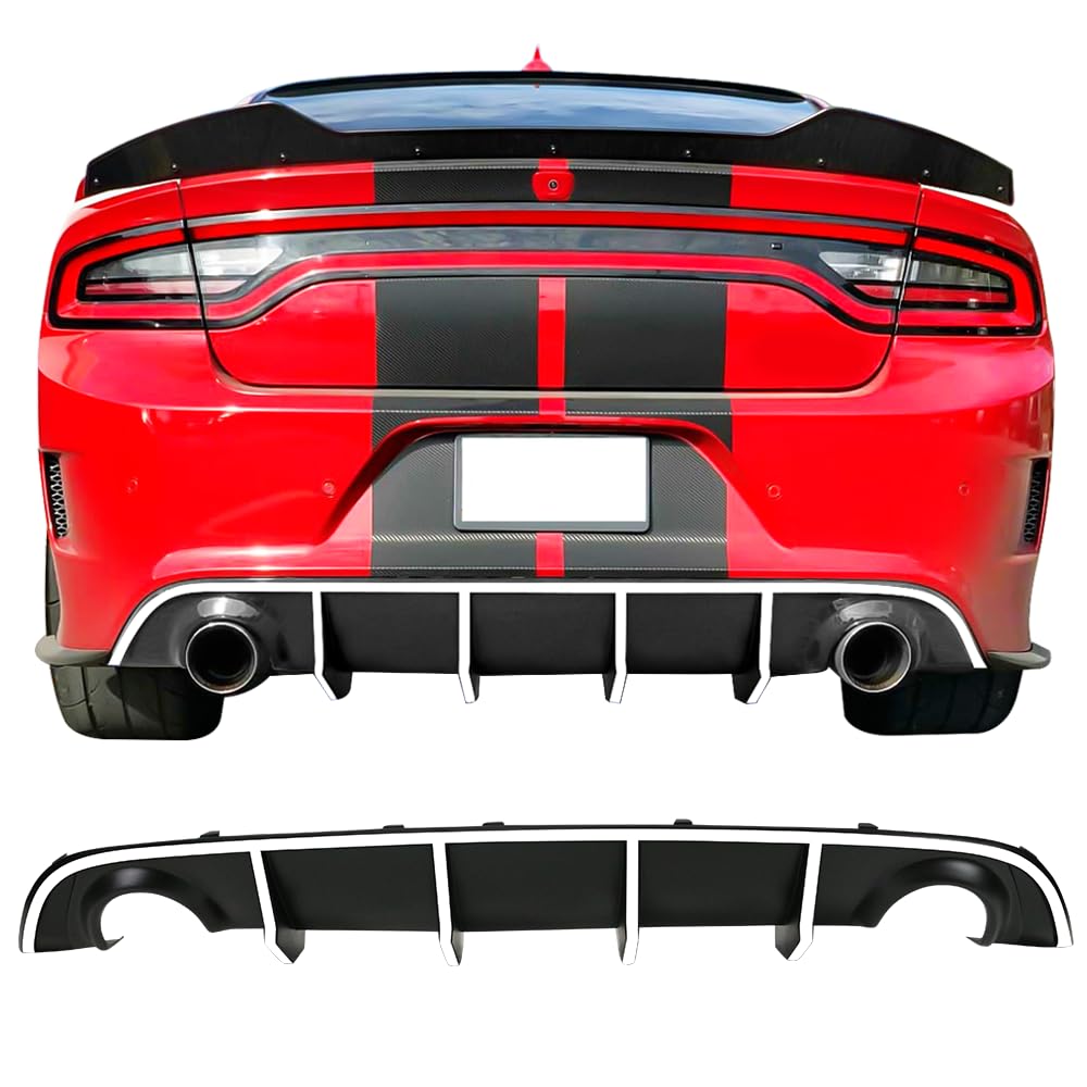 IKON MOTORSPORTS V2 Style Rear Diffuser & Bumper Lip Compatible With 2015-2023 Dodge Charger SRT - White Reflective Tape - Enhance Style & Safety for Street Racing & Car Shows