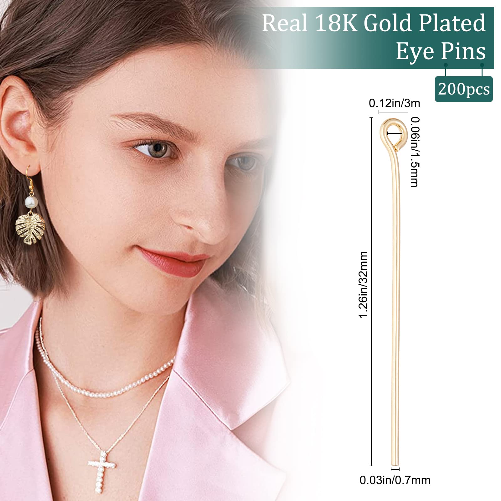 200Pcs 18K Gold Plated Brass Jewelry Eye Pins - Open Loop Head Pins for DIY Charm Beads, Necklace & Bracelet Making - Perfect for Crafting, Jewelry Repair and Gift Projects