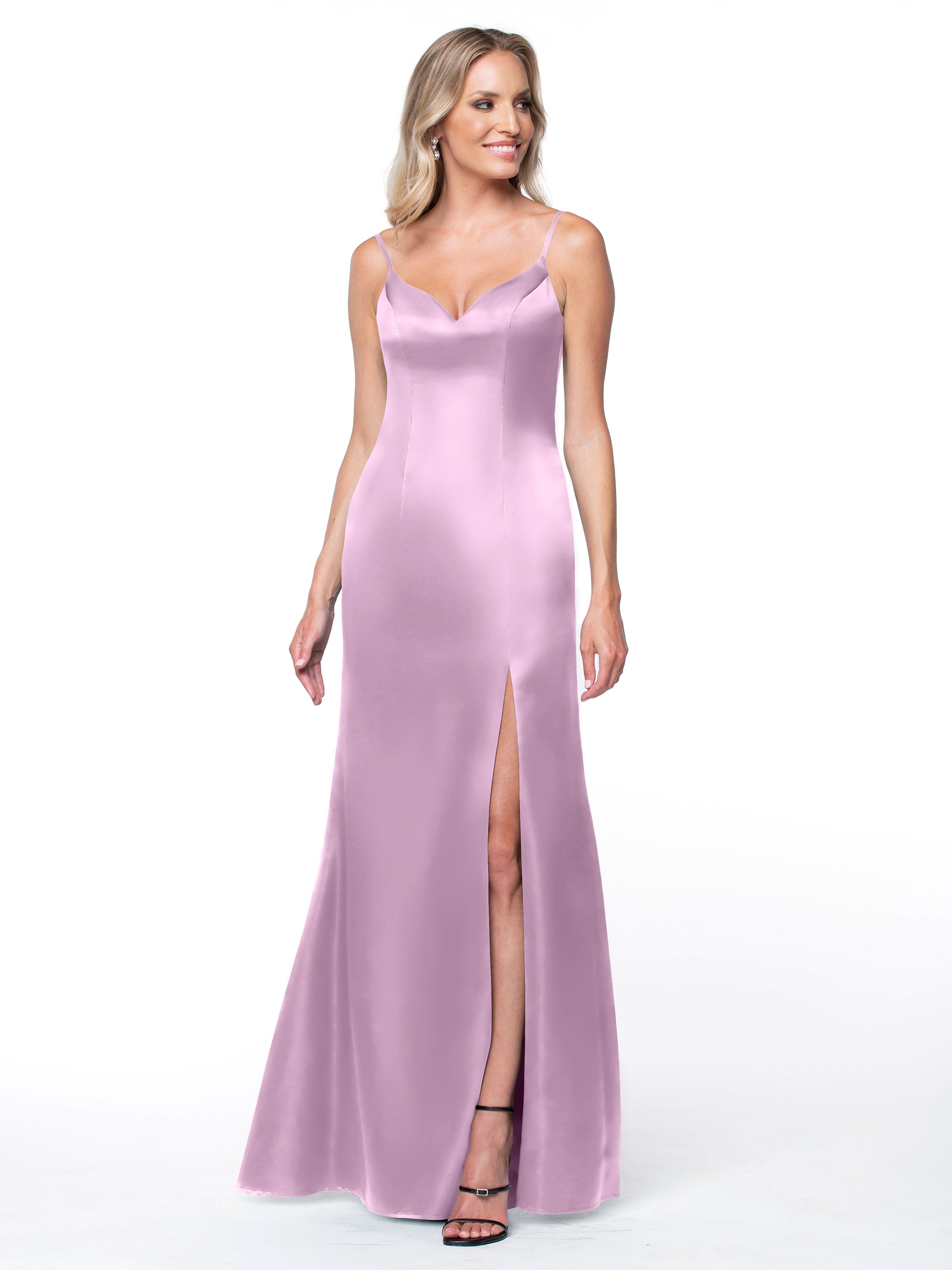 Elegant Fit and Flare Satin Bridesmaid Dress with Thigh High Slit - Perfect for Weddings, Prom, and Formal Events