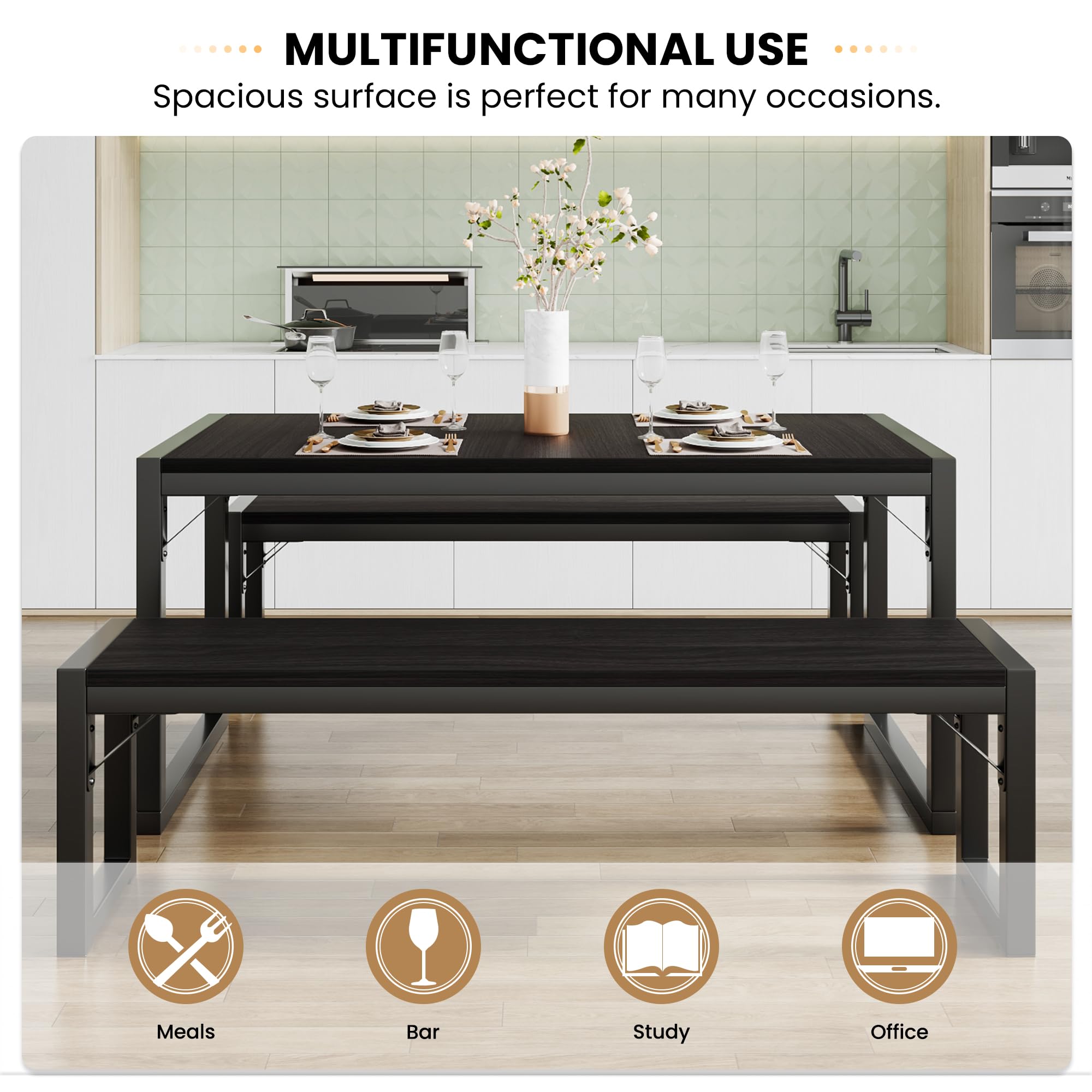 Rustic SHA CERLIN 4-Piece Kitchen Dining Table Set with Benches - Heavy Duty Metal Frame, Space-Saving Design for Small Kitchens & Apartments | Perfect for Breakfast Nooks, Cozy Dining & Compact Living Spaces