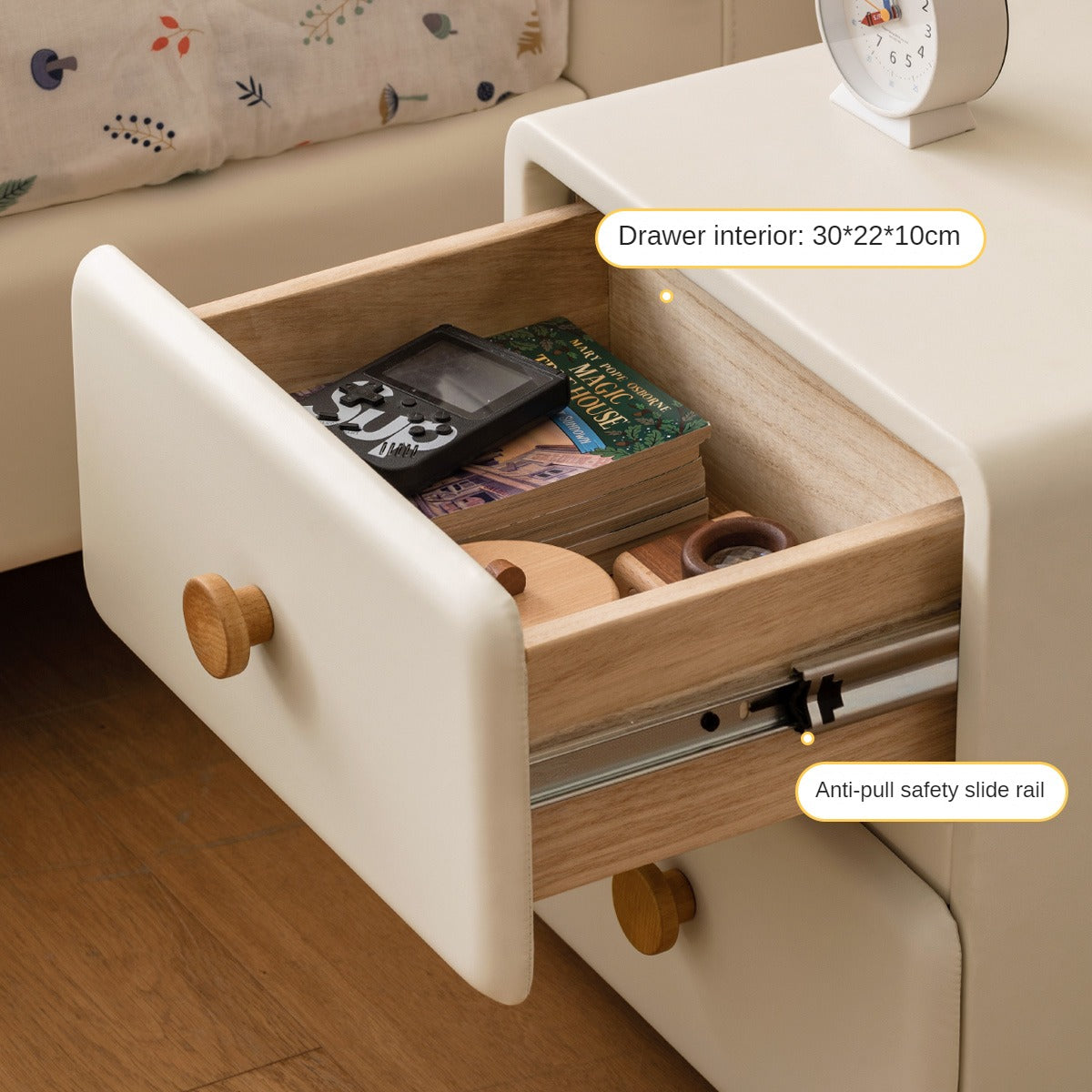 Organic Leather Cream Kids Nightstand - Stylish & Durable Bedside Table for Children's Room | Perfect for Bedrooms, Nurseries & Playrooms