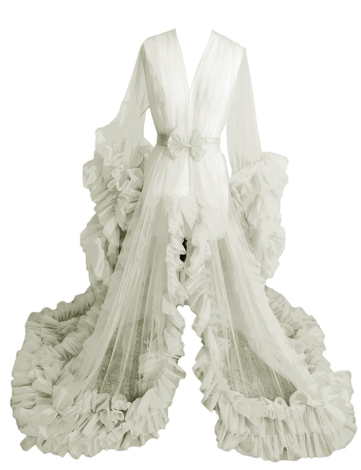 Elegant Women's Long Wedding Scarf & Lace Illusion Lingerie Set - Puffy Dress Robe Nightgown for Bridal Shower, Honeymoon & Romantic Nights
