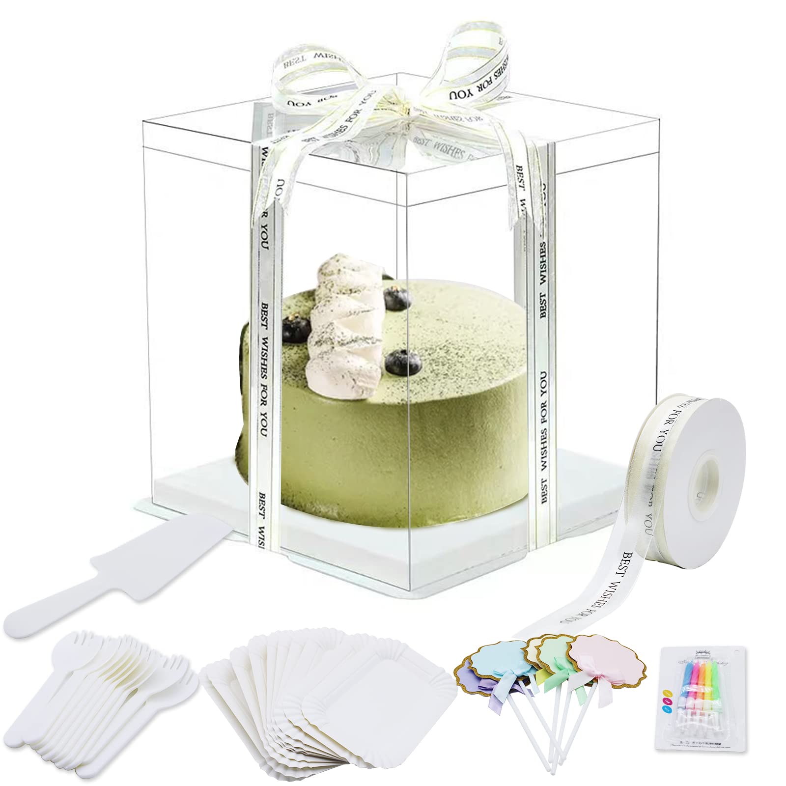 Magicorange 5-Piece Clear Cake Box Carrier Set with Lid - 6 Inch Transparent Cake Packaging Boxes, Disposable Paper Plates, Cutlery, Birthday Candles & Ribbon for Wedding, Party, Birthday Celebrations | Perfect for Bakery, Dessert Display & Gift Packaging
