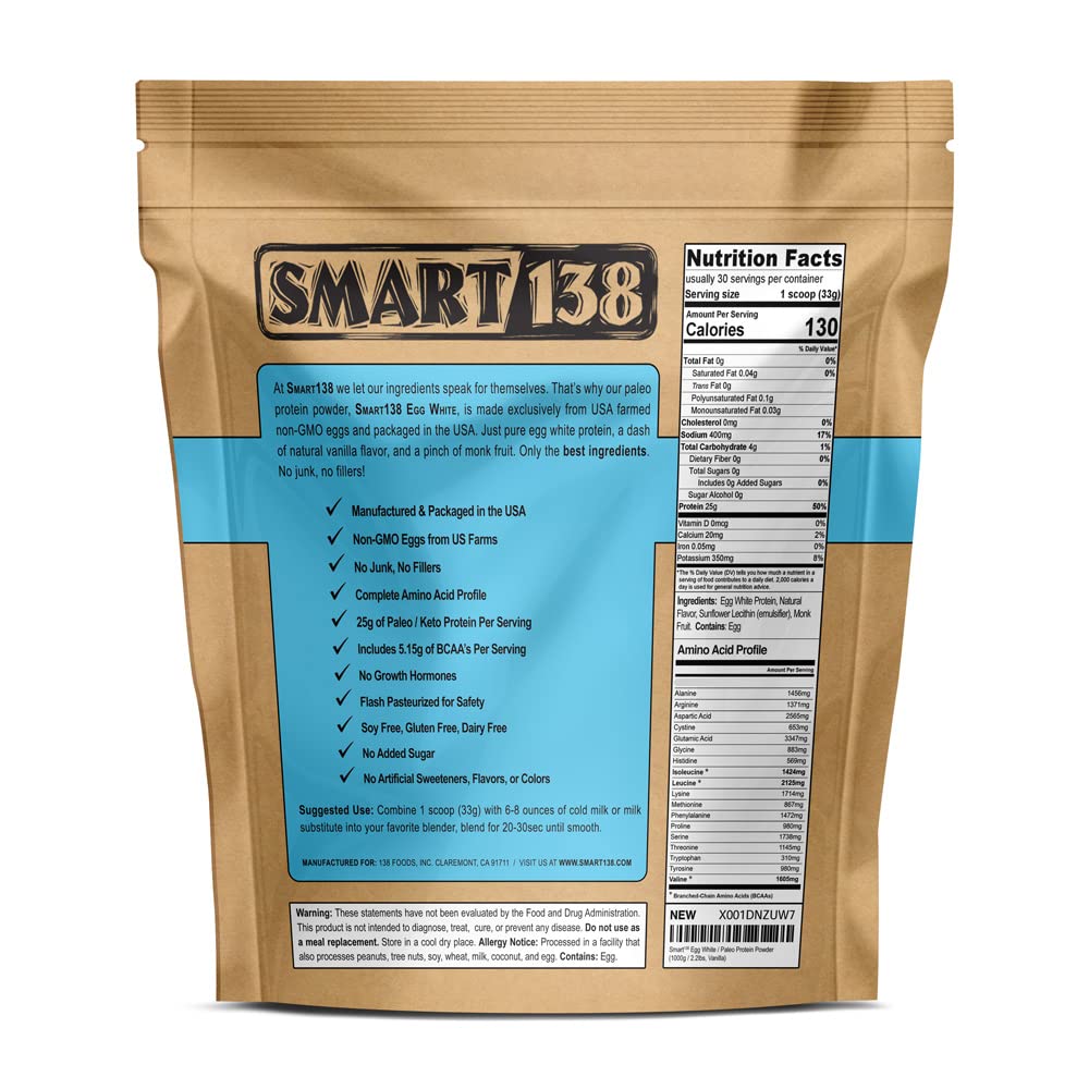 Premium Egg White Protein Powder | Non-GMO, Gluten-Free, Soy-Free, Dairy-Free, Keto & Paleo Friendly, USA Made with Natural BCAAs (Vanilla, 1000g / 2.2lbs) - Ideal for Post-Workout Recovery, Baking & Smoothies