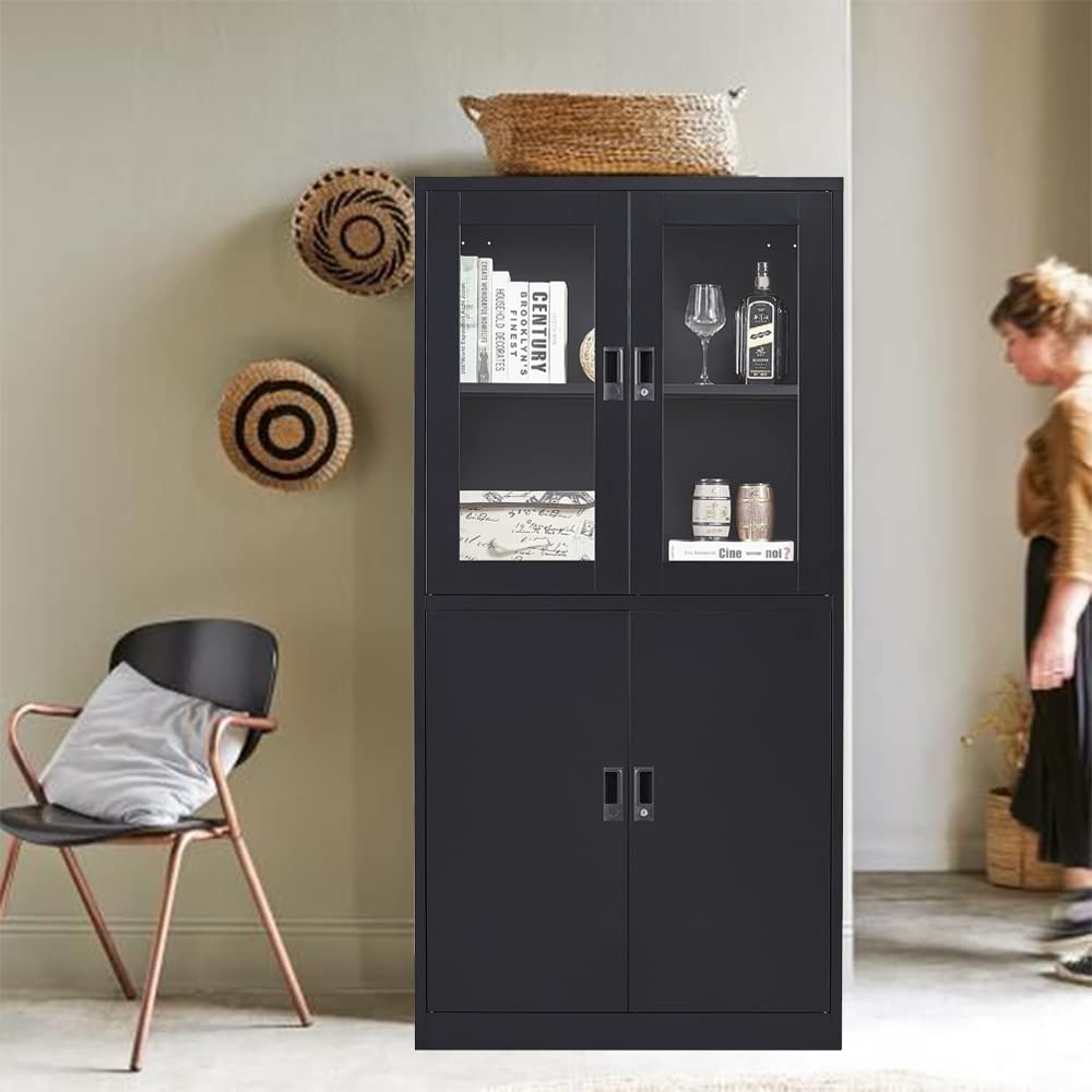 Black Metal Display Cabinet with Glass Doors & Lock - Freestanding Storage Cabinet for Kitchen, Pantry, Bathroom or Home Office - Perfect for Organizing Dishes, Food, Towels & Office Supplies