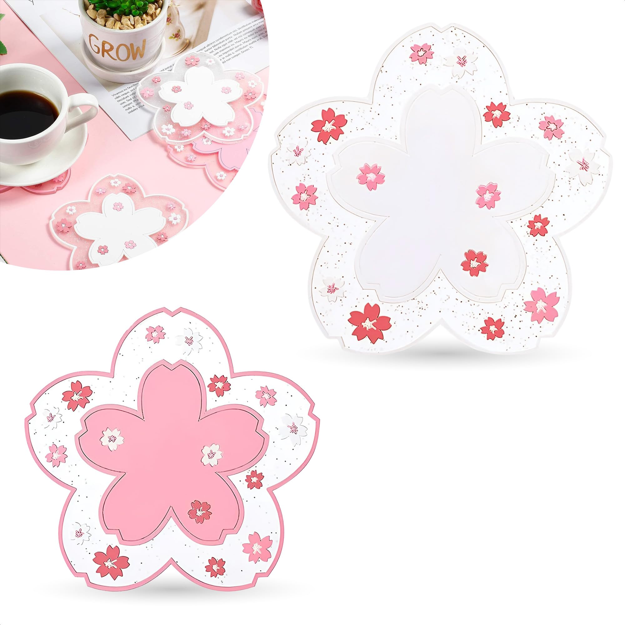 2Pcs Cherry Blossom Coasters Set - Heat Resistant Non-Slip Clear Cup Mats for Coffee Table Decor | Perfect for Home, Office, Bar & Gift Giving | Protect Your Furniture from Hot & Cold Drinks
