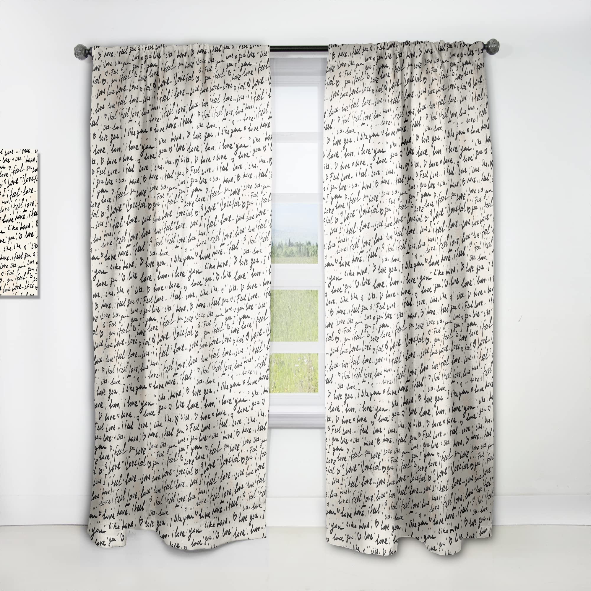 DesignQ 'I Feel Love' Text Pattern Thermal Insulated Curtains - Single Panel 52x90 Inches - Blackout Drapes for Bedroom & Living Room - Perfect for Privacy, Light Control & Home Decor