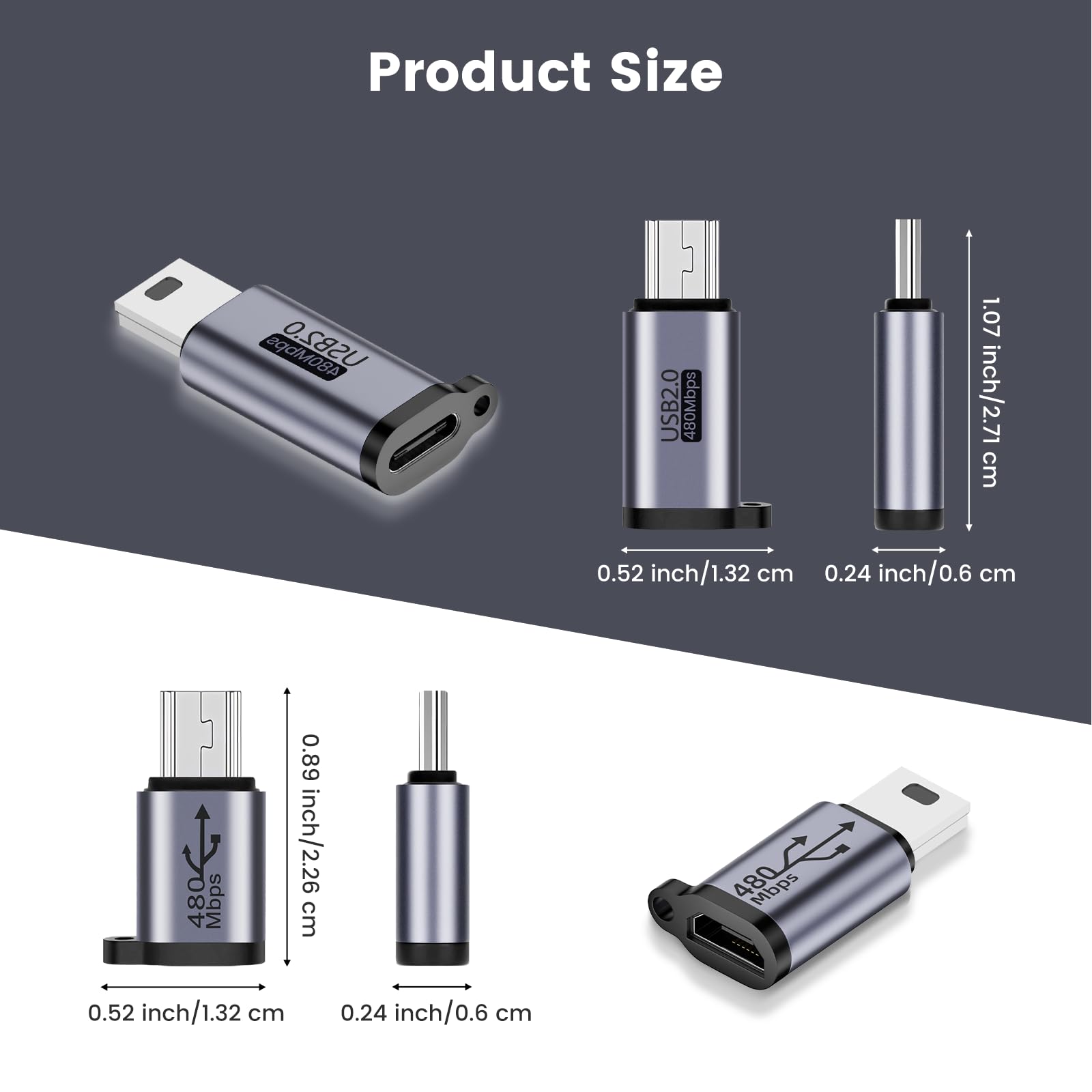 BORLTER CLAMP USB C to Mini USB Adapter & Micro USB to Mini USB Adapter 2 Pack with Lanyard - Compatible with MP3 Players, Digital Cameras, GPS Devices, Portable Hard Drives - Perfect for Data Transfer and Charging On-The-Go