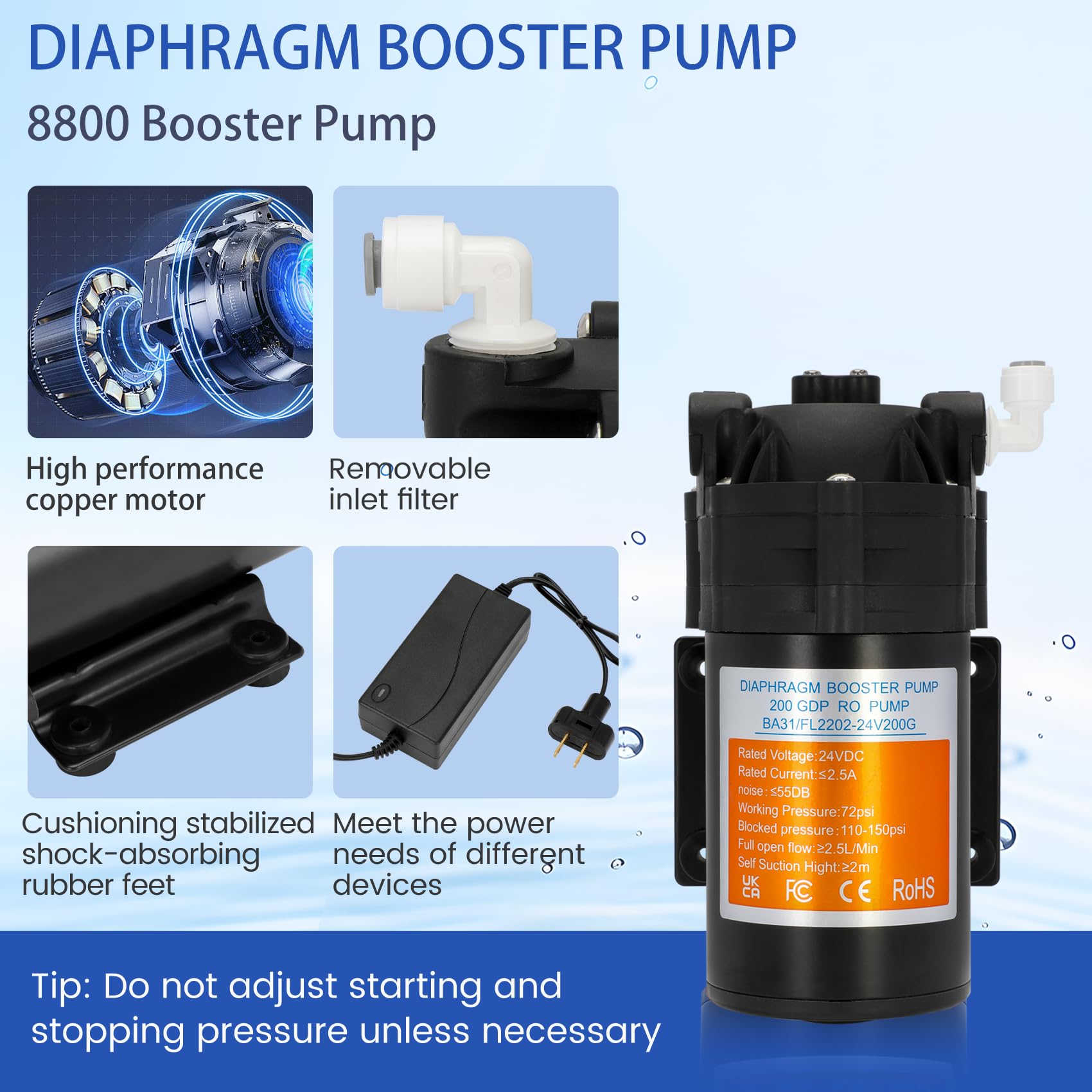 2024 Upgraded Betollo 8800 Booster Pump Kit - High Pressure Reverse Osmosis Water Pump for 200 GPD RO Systems | Includes High-Voltage Switch | Perfect for Home Water Filtration & Manifold Applications