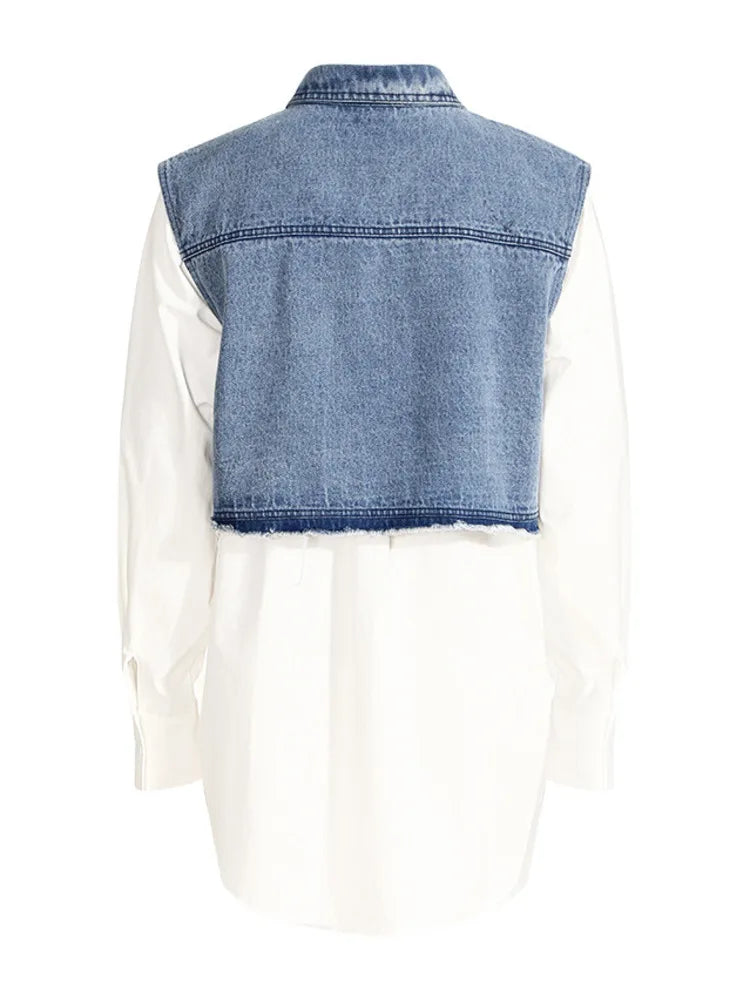 DEAT Fashion Women's Denim Shirt - Lapel Loose Fit Hollow Out Design Single Breasted Blouse with Denim Splice Fake Two Piece Look | Summer Casual Wear for Outings, Work & Date Nights