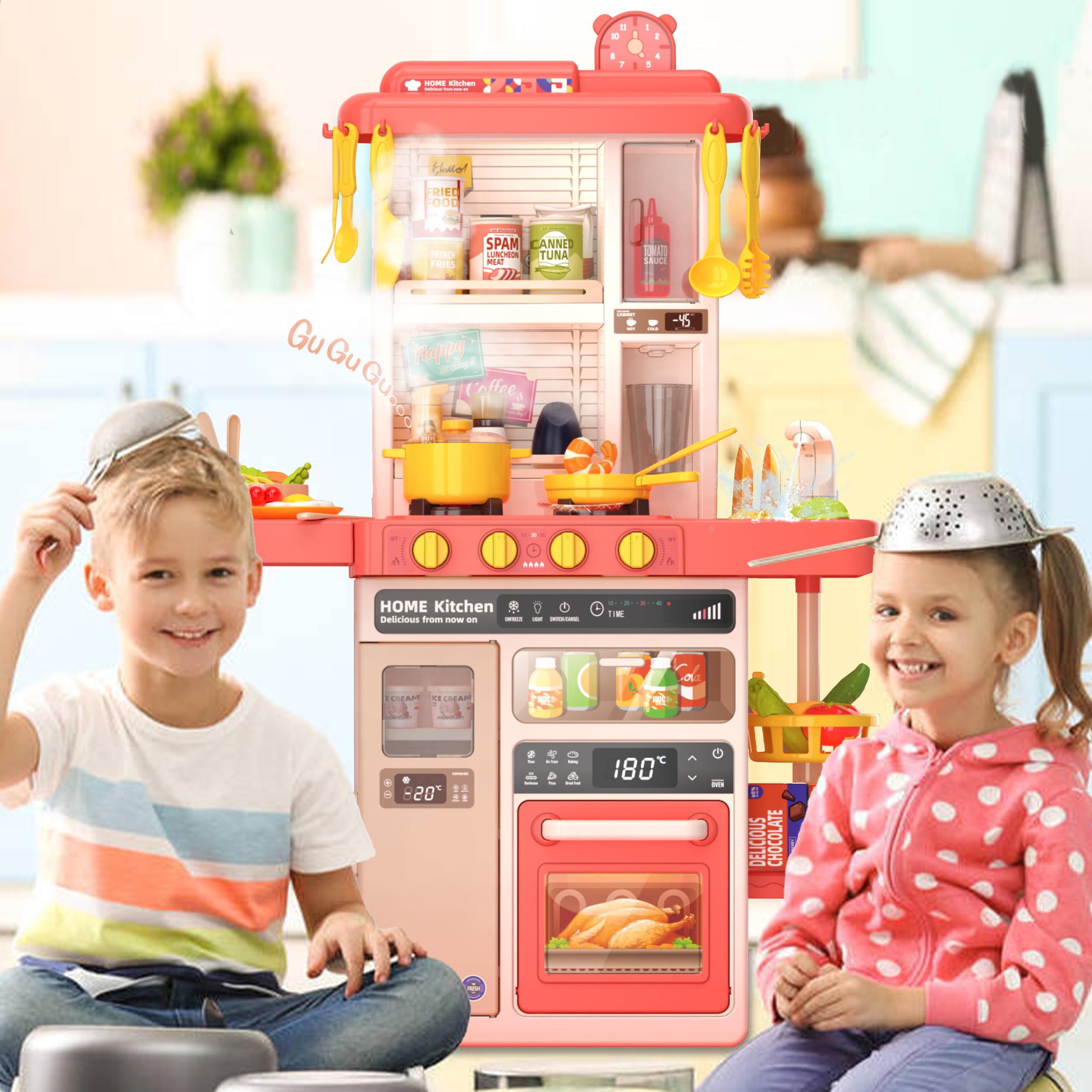 Interactive Kids Kitchen Play Set with 50Pcs Pretend Food & Cooking Toys - Realistic Sound Effects & Simulated Functions for Toddlers Ages 2-12 - Pretend Play, Role Play & Early Learning (Pink) | Perfect for Birthday Gifts, Preschool Education & Family Fun Time