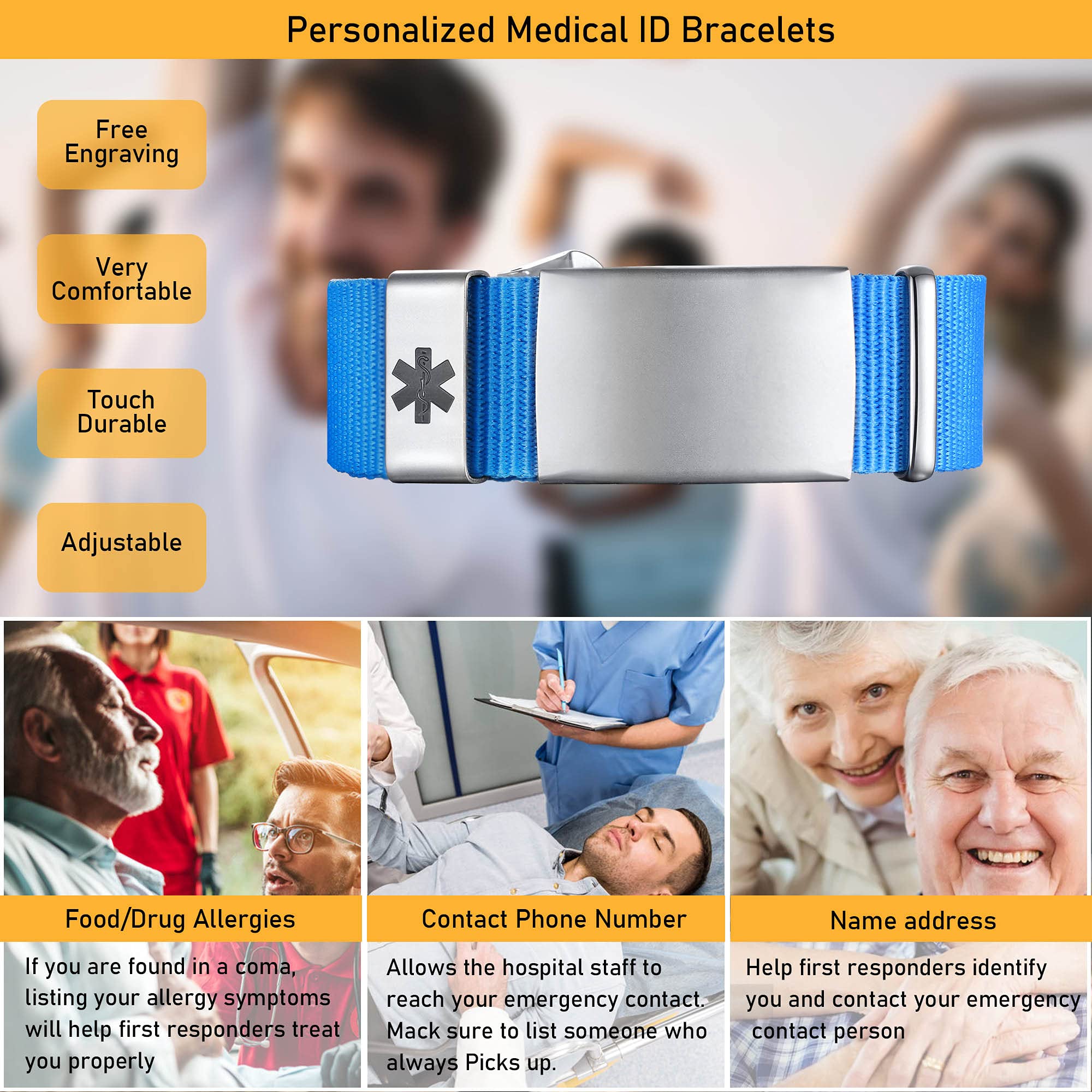 VNOX Custom Medical Alert Bracelet for Men & Women - Sporty Medical ID Bracelet for Emergency Health Conditions - Perfect for Running, Hiking & Daily Wear