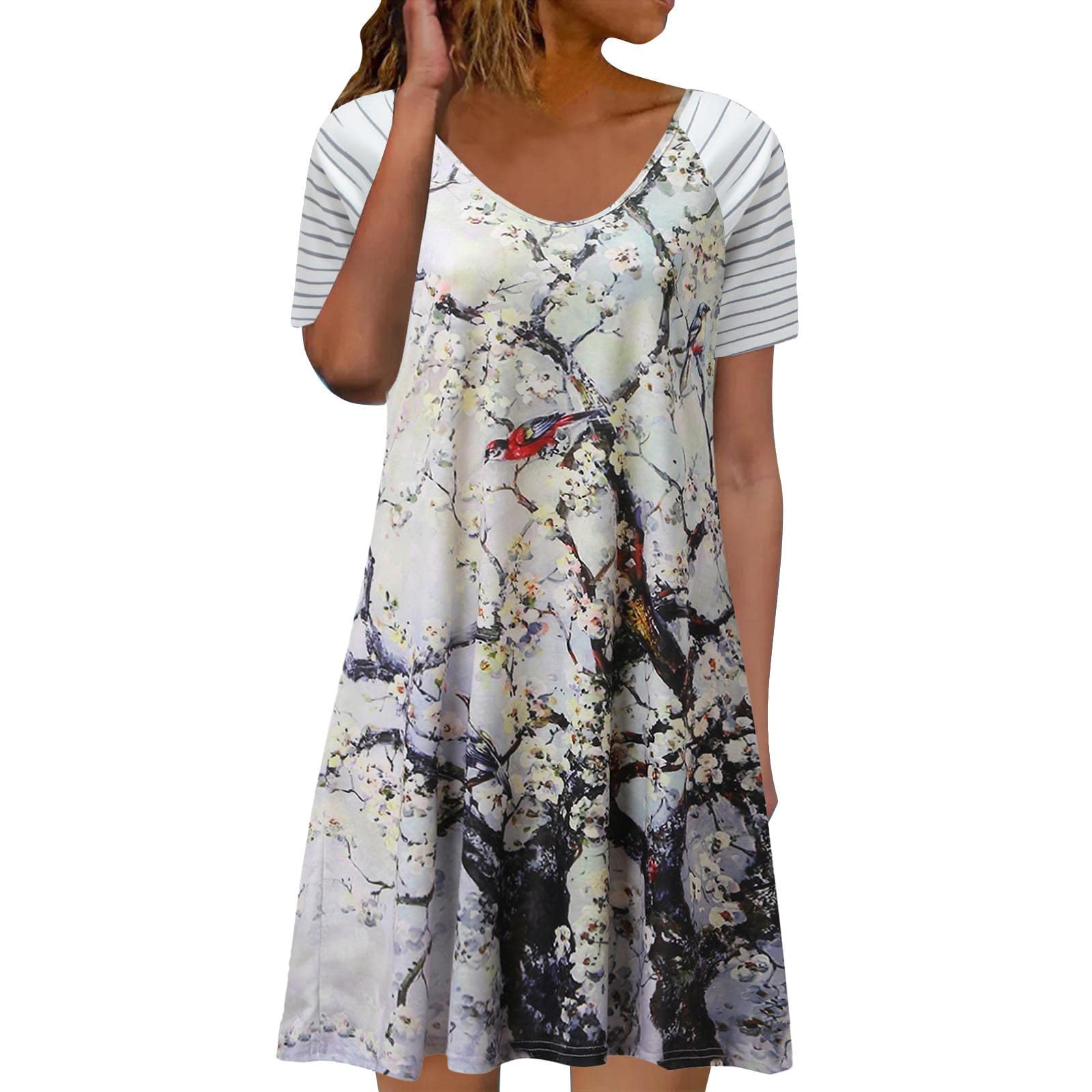 Usahuo Women's Summer Casual Short Sleeve Midi Dress - Flowy Knee-Length Printed Sundress for Beach, Vacation & Outdoor Activities | Perfect for Pool Parties, Tropical Getaways and Summer Outings