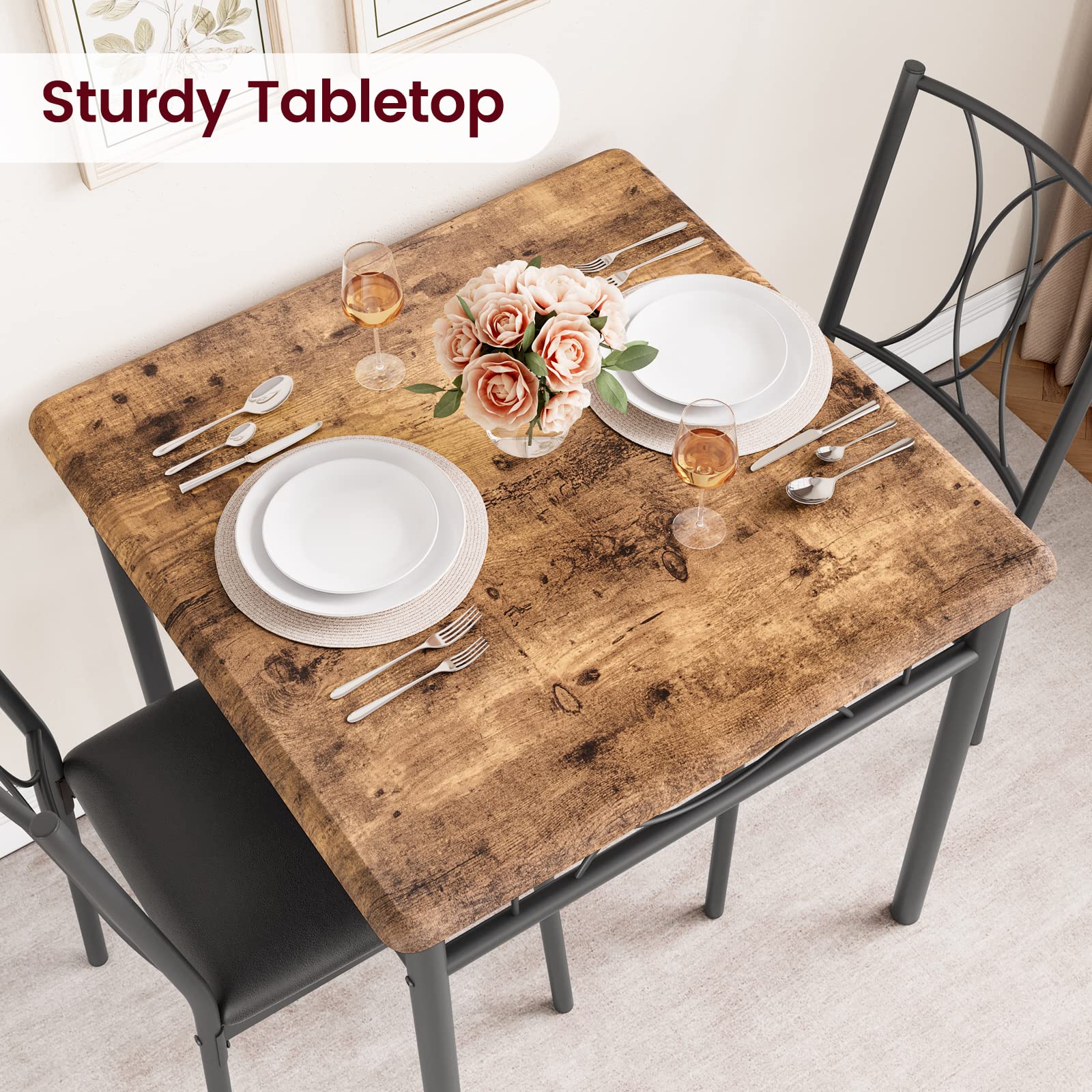 IDEALHOUSE 2-Person Square Dining Table Set with Upholstered Chairs - Compact Kitchen Table & Chairs for Small Spaces, Apartments - Retro Brown Finish for Cozy Dinners & Breakfast Nook