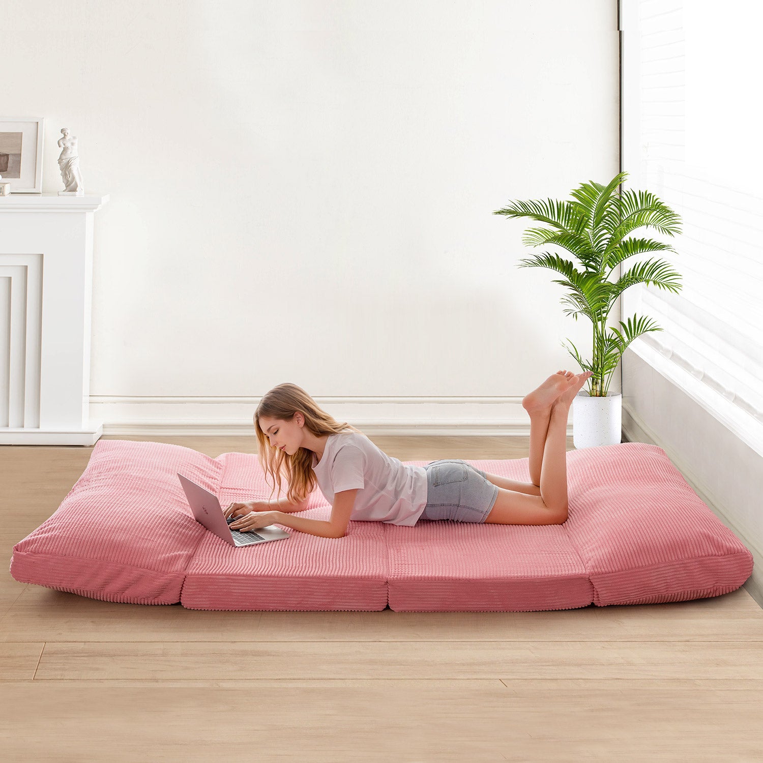 MAXYOYO Corduroy Bean Bag Sofa Bed - 4-Folding Floor Lounger in Pink | Comfortable Convertible Chair for Living Room, Bedroom & Dorm | Perfect for Relaxing, Gaming & Movie Nights