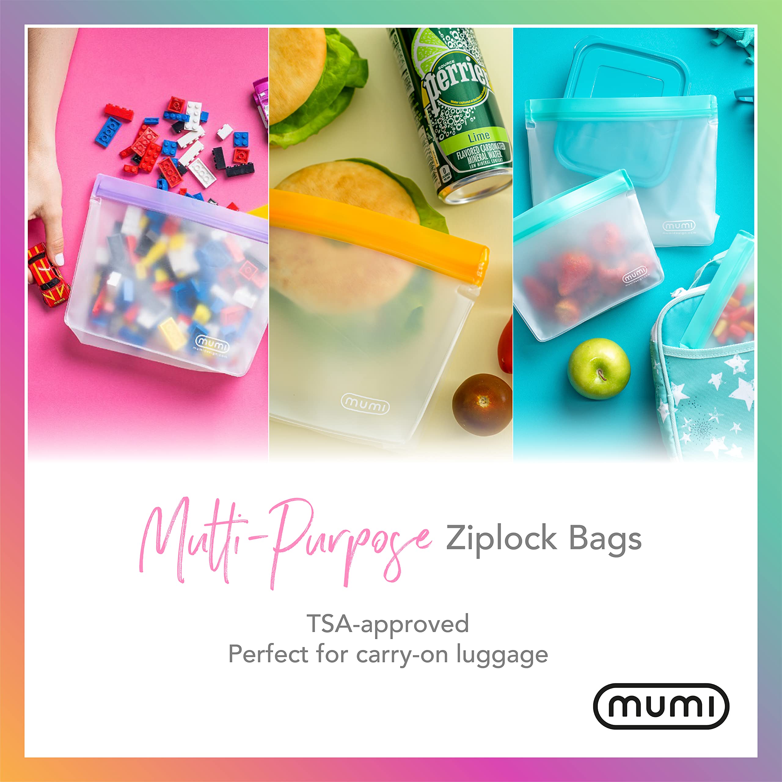 MUMI Reusable Zipper Storage Bags - 3 Pack Airtight Leakproof Food Bags for Meal Prep, Travel & Organizing - BPA Free Silicone Zip Lock Bags (Blue) - Perfect for Snacks, Freezer Storage & Camping Trips