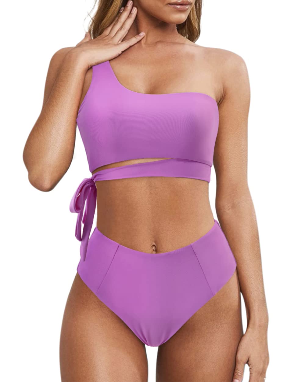 MOOSLOVER Women's Sexy One Shoulder High Waisted Bikini Set - Tie Side High Cut Two Piece Swimsuit for Beach, Pool Party & Summer Vacation