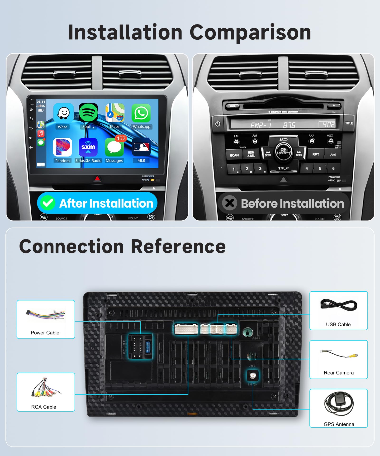 9 Inch Double Din Android Car Stereo with Wireless CarPlay & Android Auto - GPS Navigation, Bluetooth, WiFi, Touch Screen, FM Radio, USB, AHD Backup Camera - Perfect for Road Trips & Daily Commuting