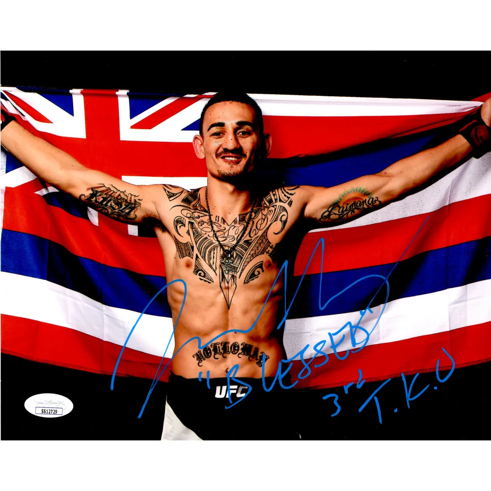 Authentic Max Holloway Signed UFC 8x10 Photo with JSA COA - Blessed Flag Autograph vs McGregor - Perfect for MMA Collectors, Sports Memorabilia Displays & UFC Fan Gifts
