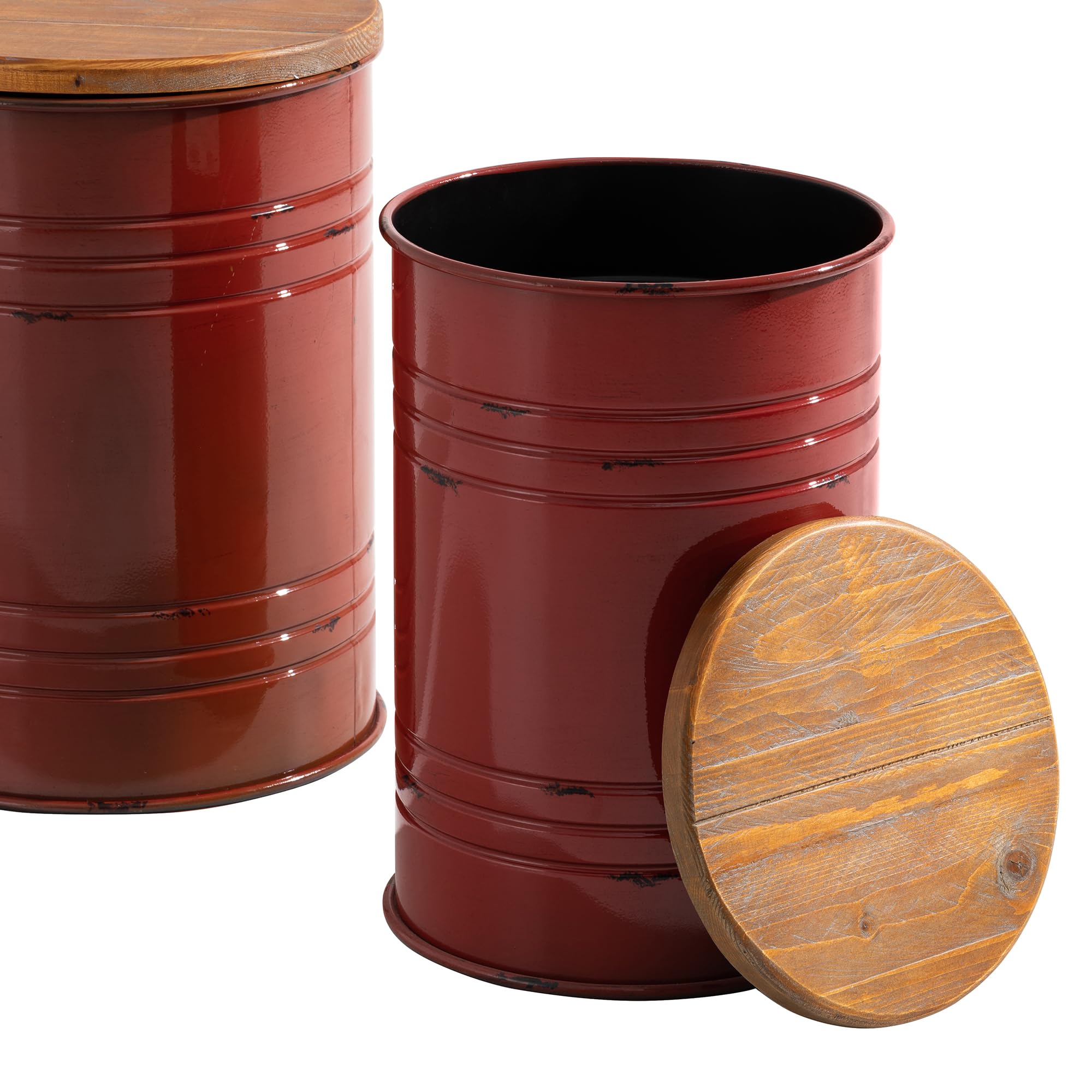 Glitzhome 2-Piece Farmhouse Nesting Tables with Storage Lids - Rustic Metal Barrel Side Tables for Living Room, Bedroom, Office - Red | Perfect for Small Space Decor & Extra Storage