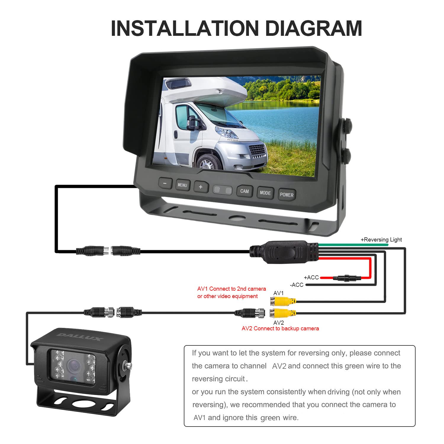 Waterproof Night Vision Backup Camera Kit with 7-Inch Monitor for Trucks, Vans, RVs & Trailers - 12-24V Vehicle Rear View System for Safe Parking & Reversing in Low Light Conditions