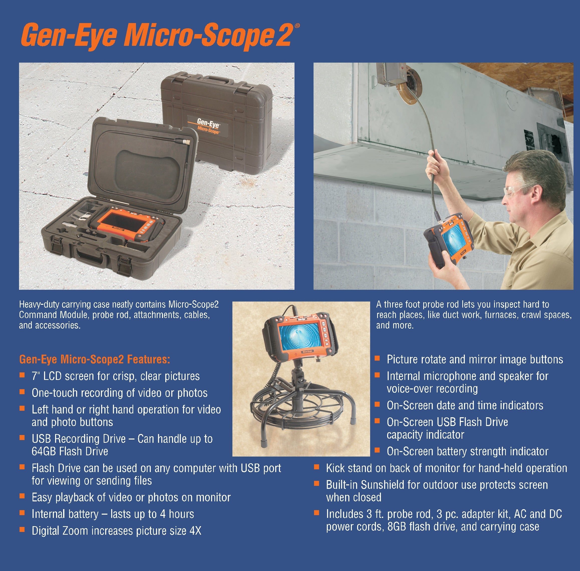 General Pipe Cleaners Gen Eye Micro Scope 2 Color Video Pipe Inspection System with 100ft Micro Push Rod & HD Camera - Professional Drain & Sewer Inspection for Plumbing, HVAC, and Industrial Maintenance