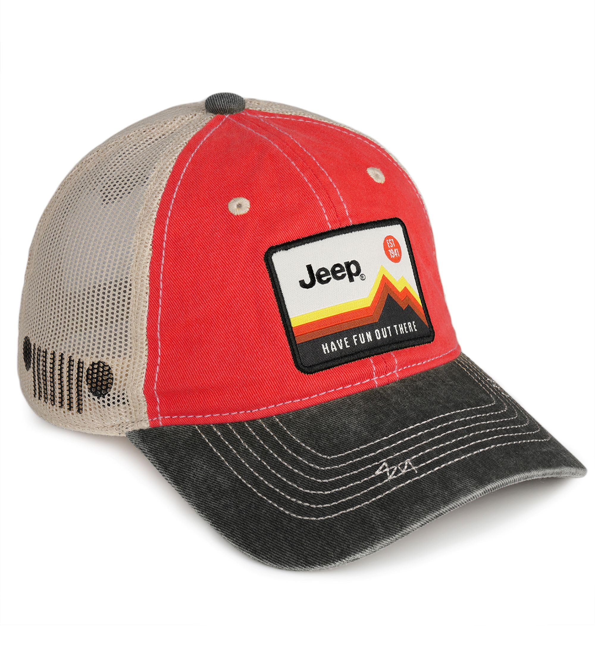 Jeep 'Have Fun Out There' Embroidered Patch Garment Washed Trucker Hat - Unstructured & Distressed Vintage Style for Outdoor Adventures, Road Trips & Jeep Enthusiasts
