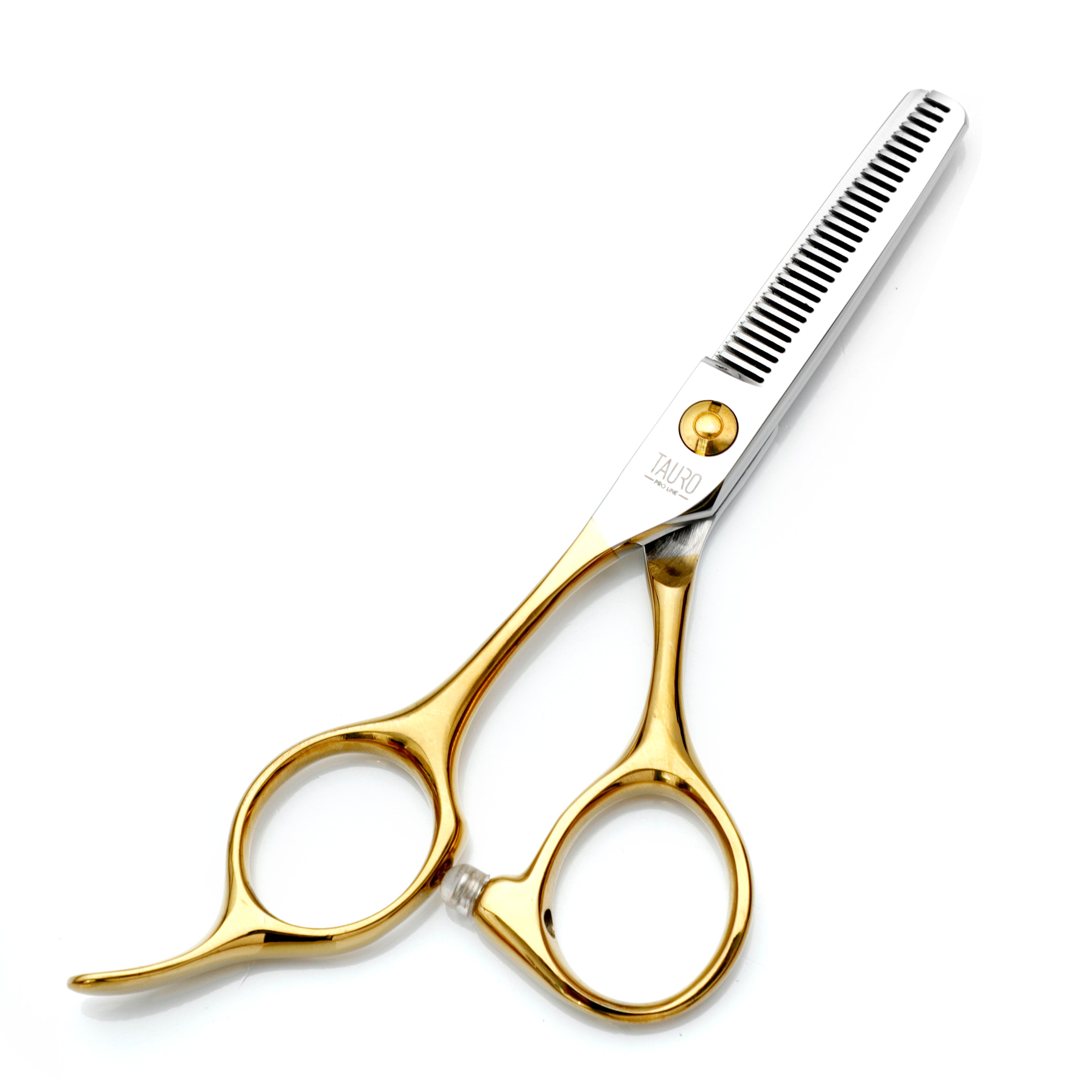 Tauro Pro Line Janita Plunge Stainless Steel Thinning Scissors for Left Handed - 28 Teeth, 440C Stainless Steel, Golden Handles - Perfect for Hair Styling & Pet Grooming