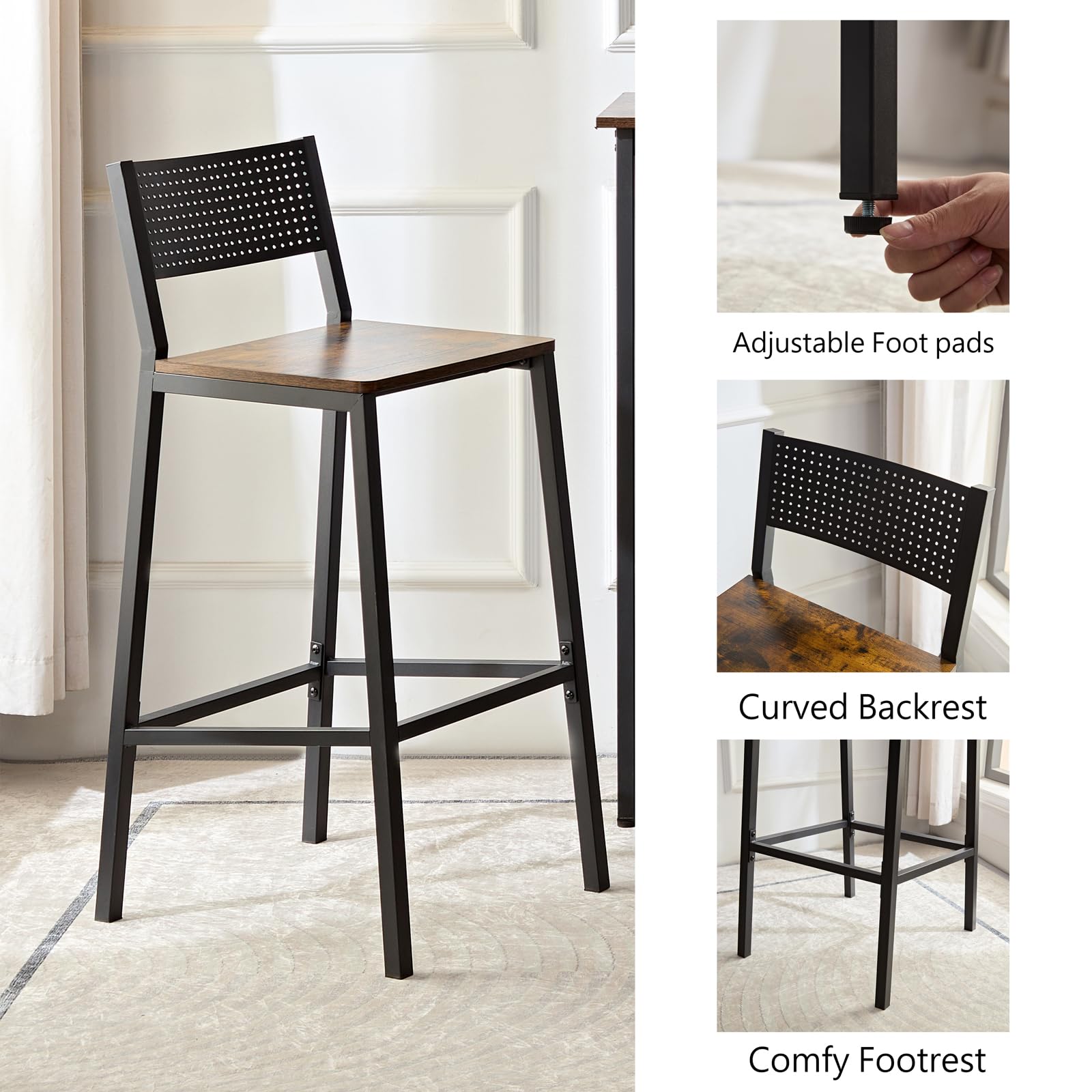 3-Piece Industrial Bar Table and Chairs Set for 2 - Adjustable Height Metal Base Kitchen Counter Dining Set in Brown | Perfect for Small Spaces, Bars, Restaurants & Home Kitchens