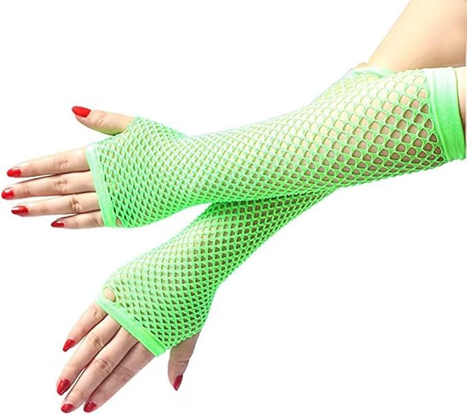 Zac's Alter Ego Women's Long Fishnet Fingerless Gloves - 80's Retro Fashion Accessory (Approx. 25cm, Neon Green) - Perfect for Halloween Costumes, Cosplay, and 80s Theme Parties