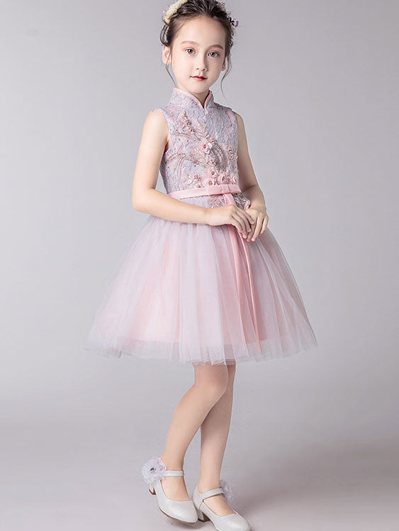 Pink Flower Girl Tulle Cheongsam Qi Pao Dress - Traditional Chinese Dress for Kids, Toddler Girls' Elegant Party Gown - Perfect for Weddings, Tea Ceremonies & Cultural Events