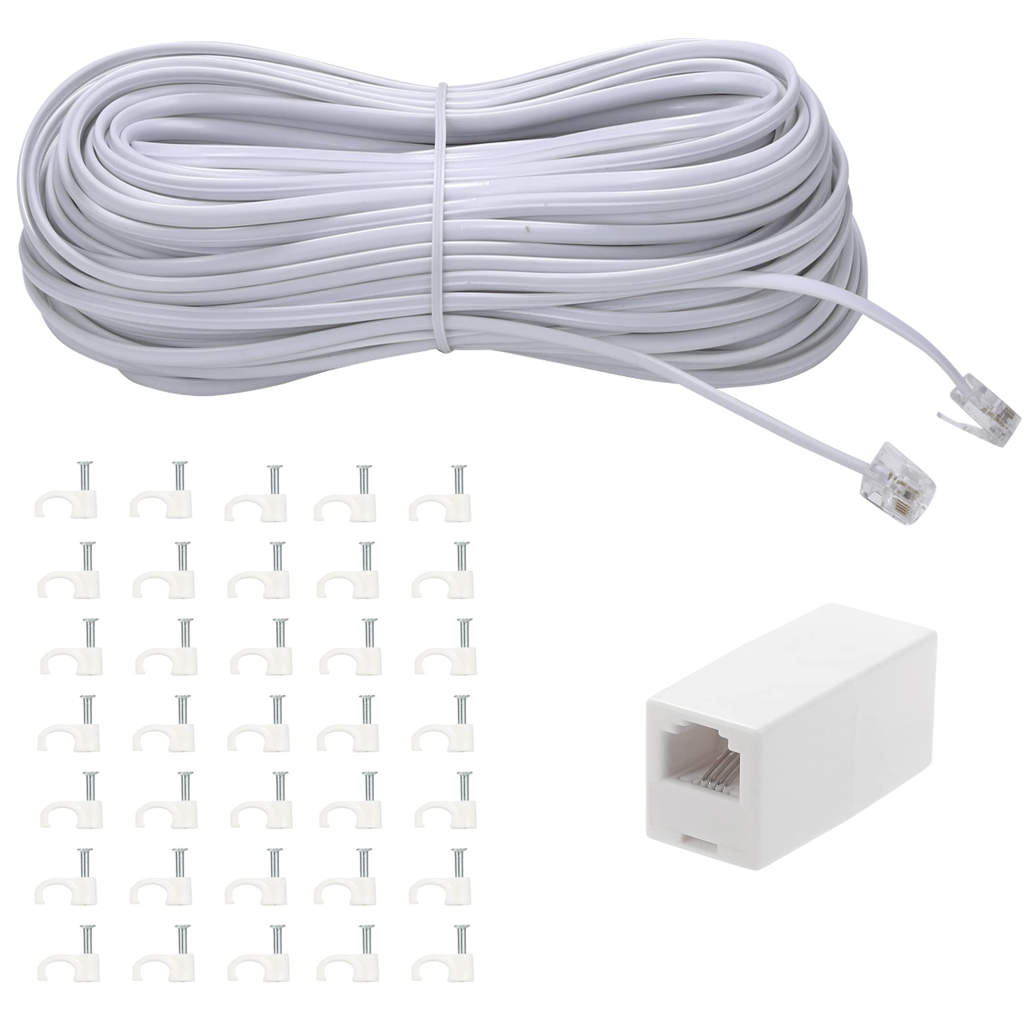 100Ft Long Telephone Extension Cord with RJ11 Plug - 1 In-Line Coupler & 35 Cable Clips - White | For Home Office, Landline Phones & VoIP Systems