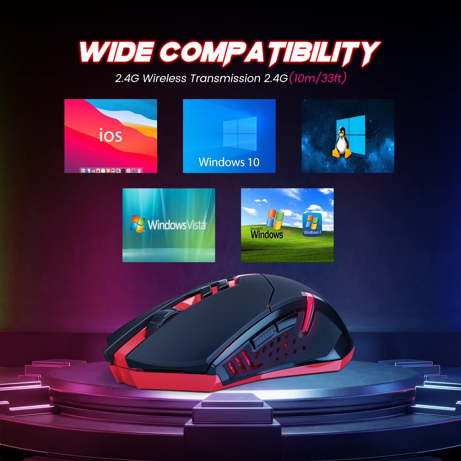 T-DAGGER Wireless Gaming Mouse - Ergonomic USB Cordless PC Mouse with Red LED Backlit, 7 Silent Buttons & 5 Adjustable DPI for PC/Laptop - Perfect for Gaming, Office Work & Home Use